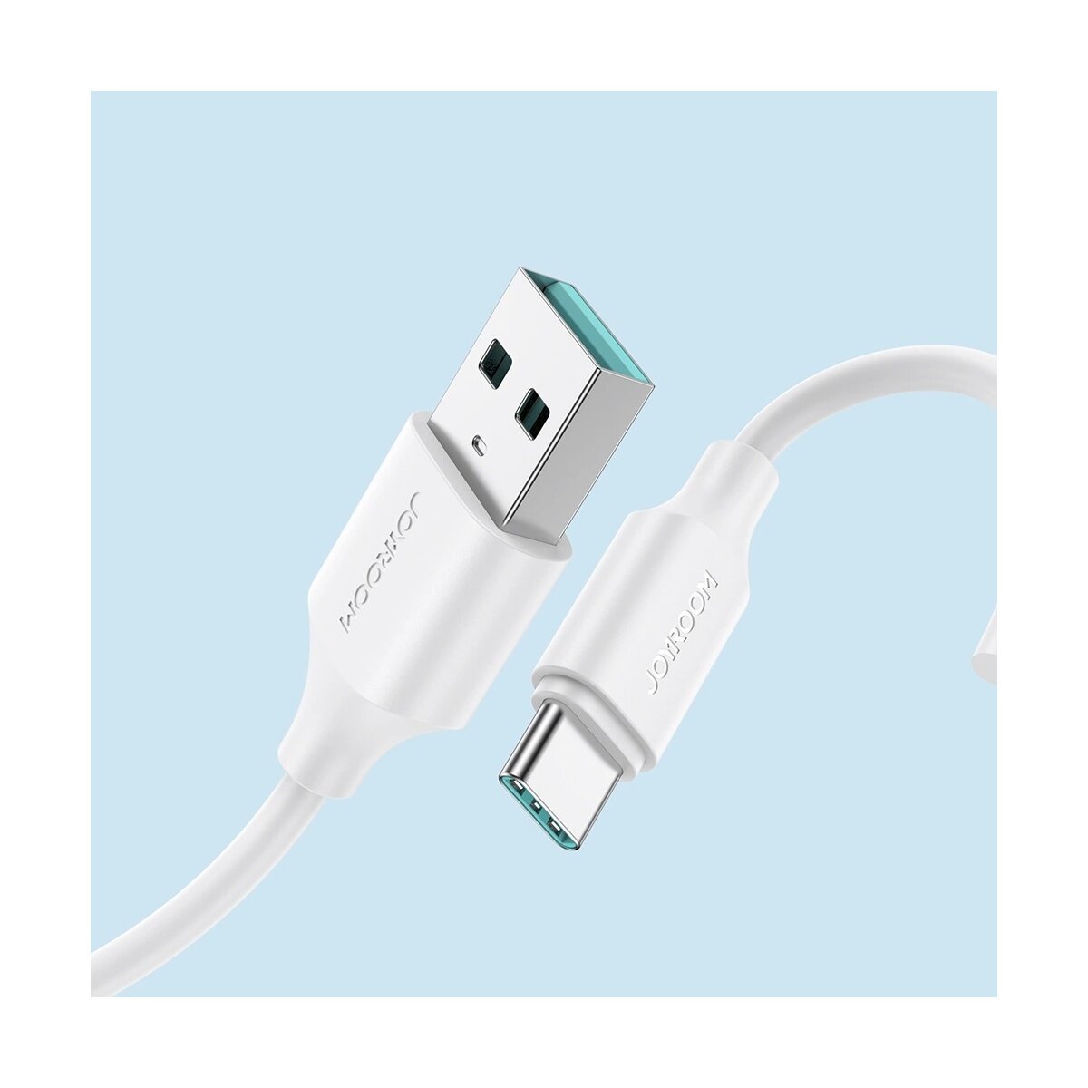Ein weißes USB-C-zu-USB-A-Kabel mit JOYROOM-Logo auf blauem Hintergrund.