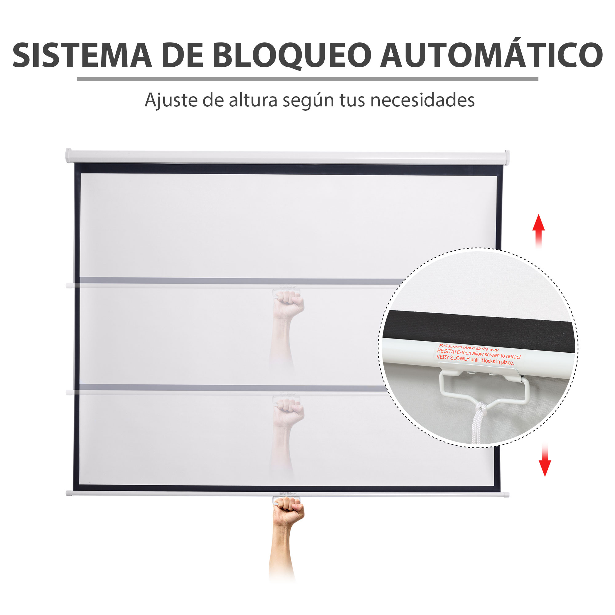 Pantalla de proyección manual con bloqueo automático, operada por un asa.