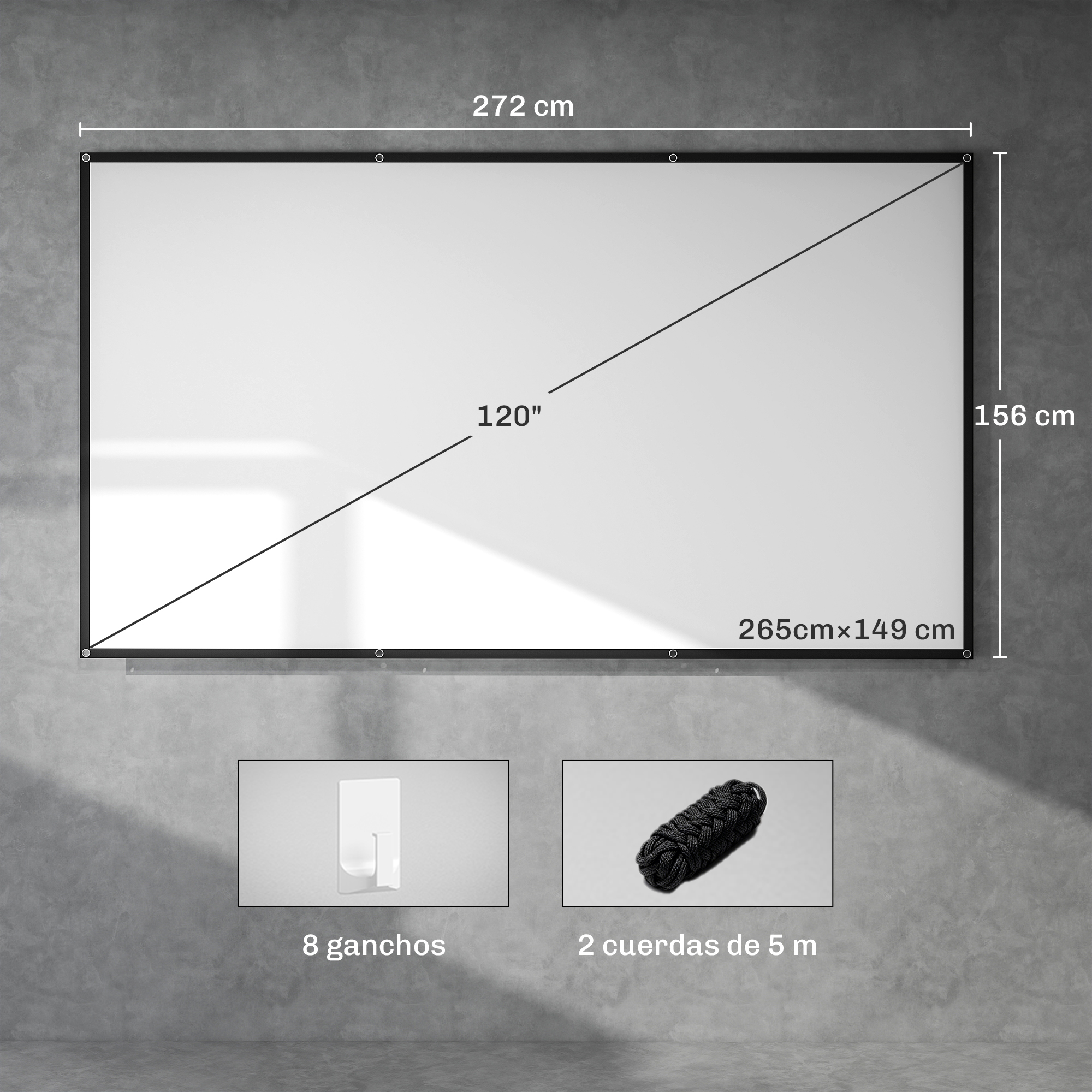 Pantalla 272x156cm, 120 pulgadas, con ganchos y cuerdas