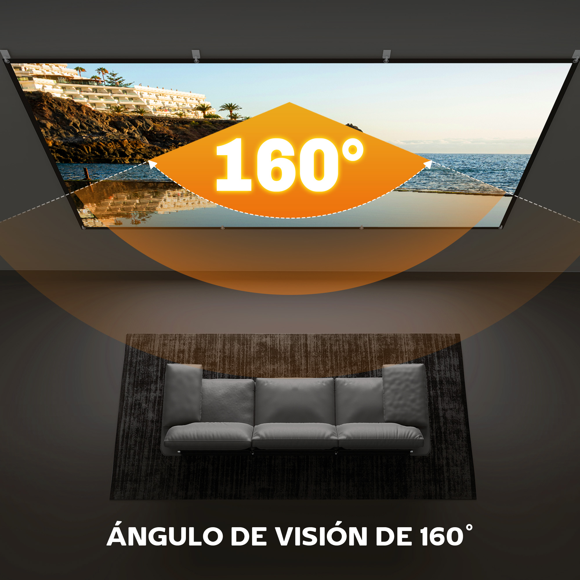 Un sofá frente a una pantalla que muestra una escena costera. 160° de campo de visión.