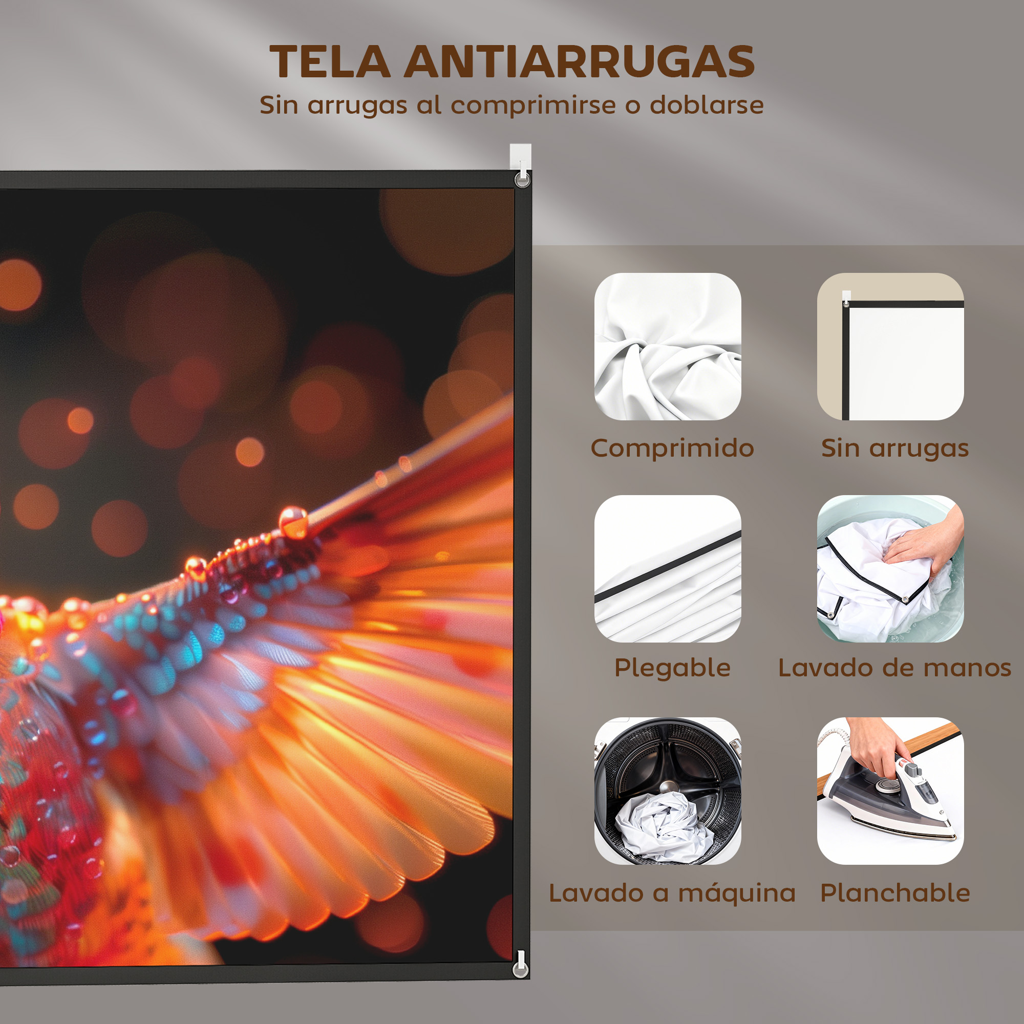 Tela antiarrugas: comprimible, plegable, lavable, planchable.