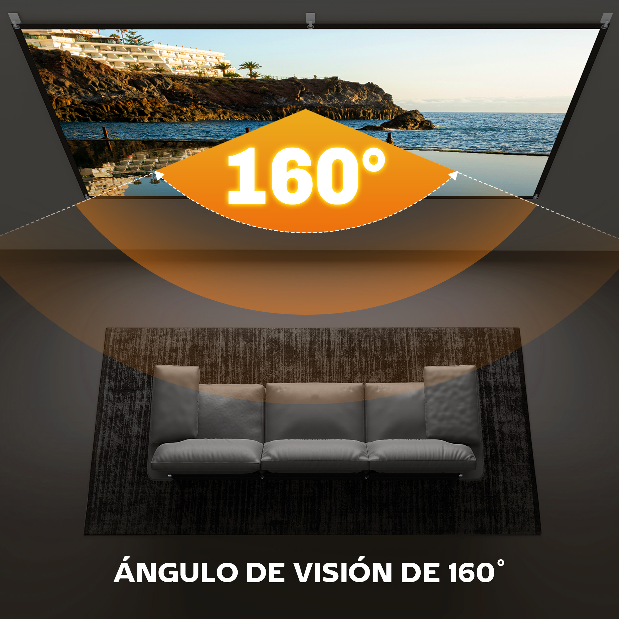 Un sofá frente a una pantalla con gráfico de 160° de ángulo de visión.