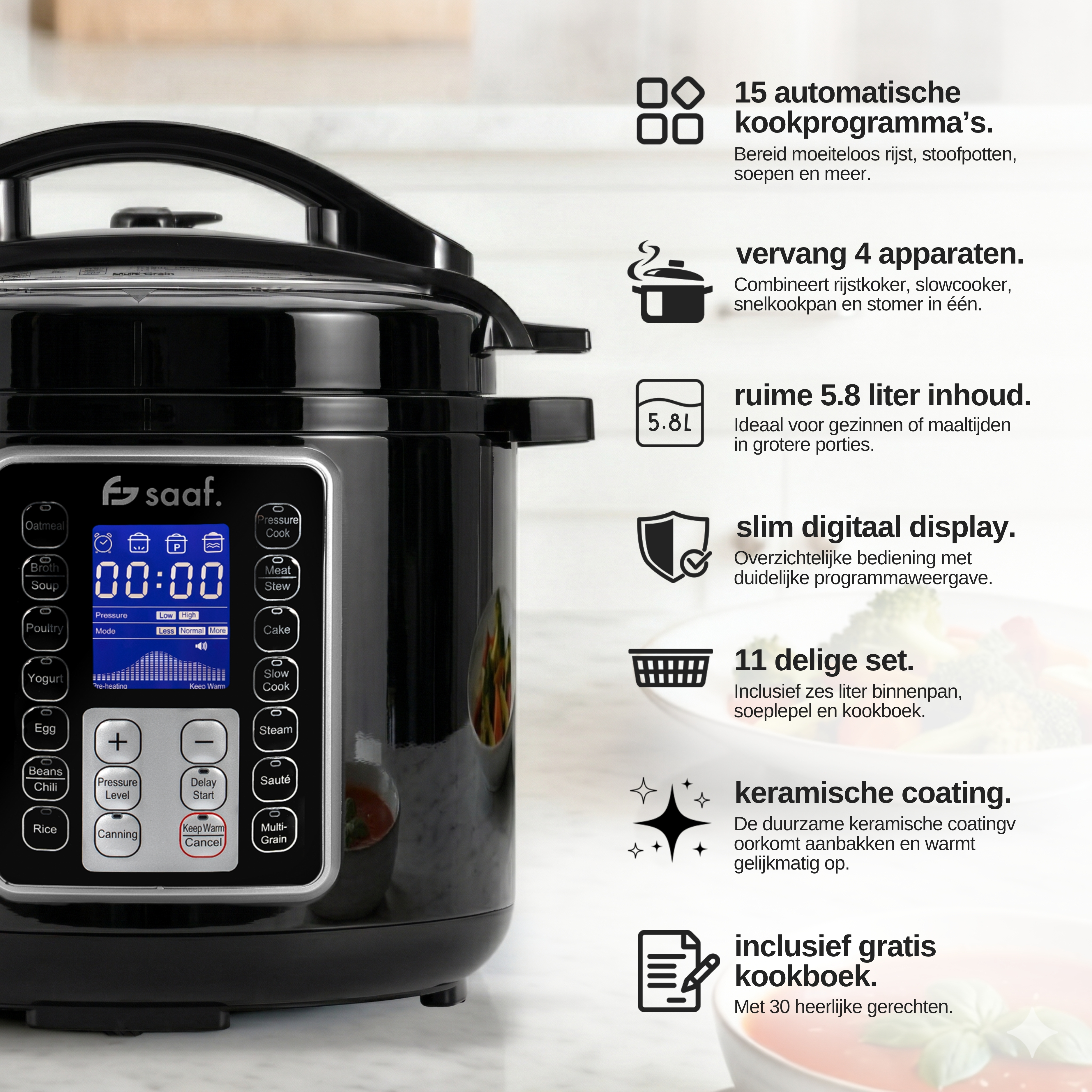 A black electric pressure cooker with a digital display and cooking programs.