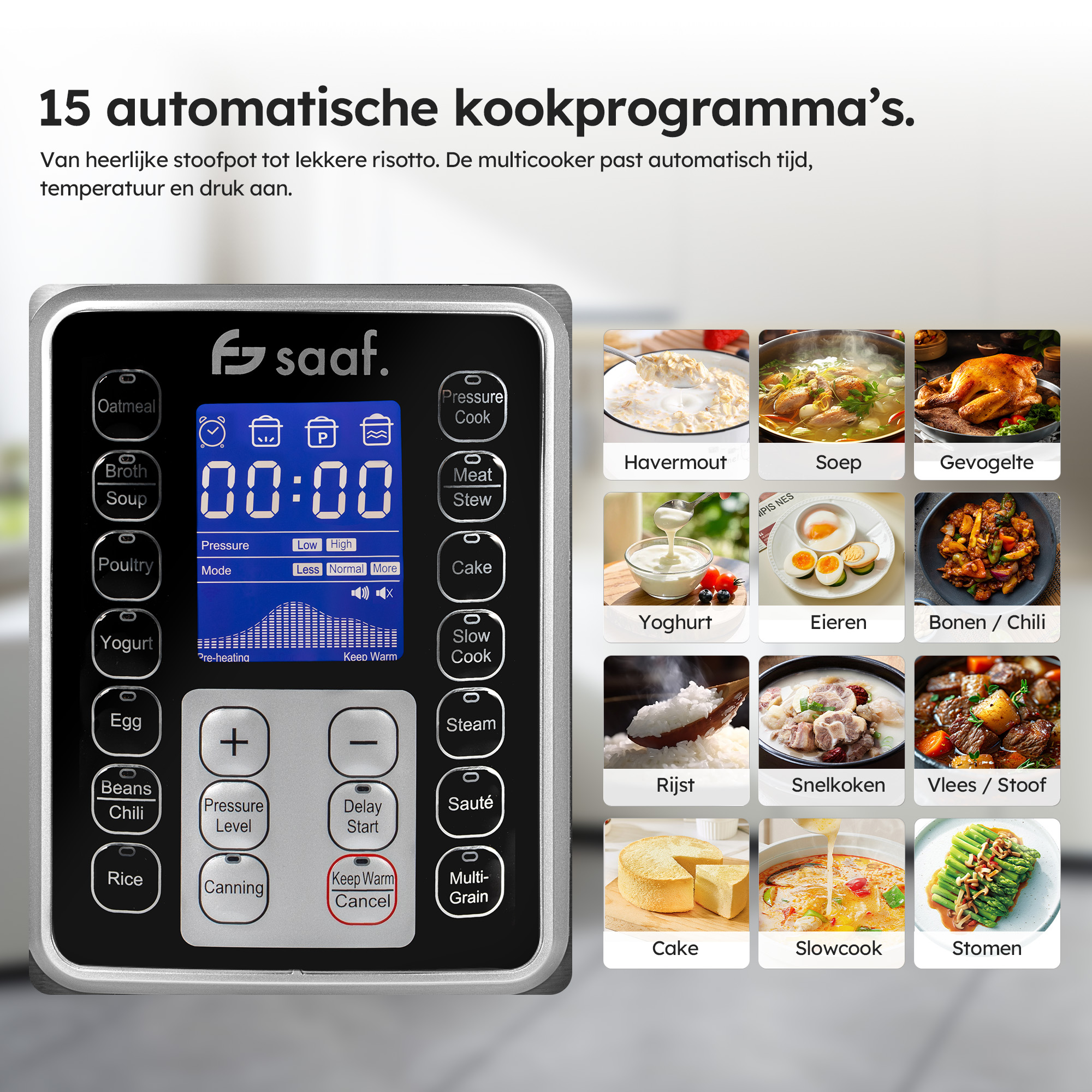 A silver multicooker with digital cooking programs and food images beside it.