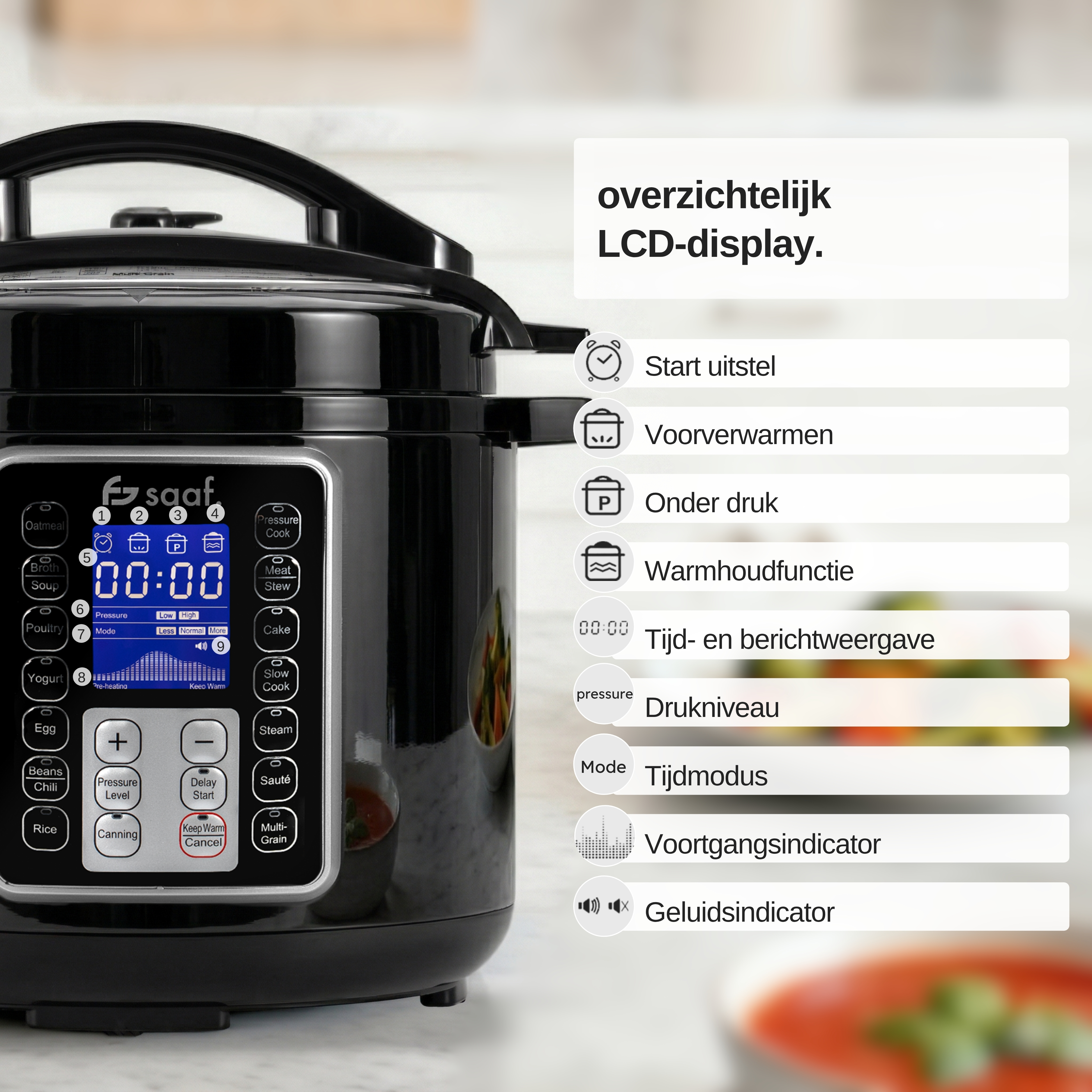 A black electric pressure cooker with an LCD display and control buttons.