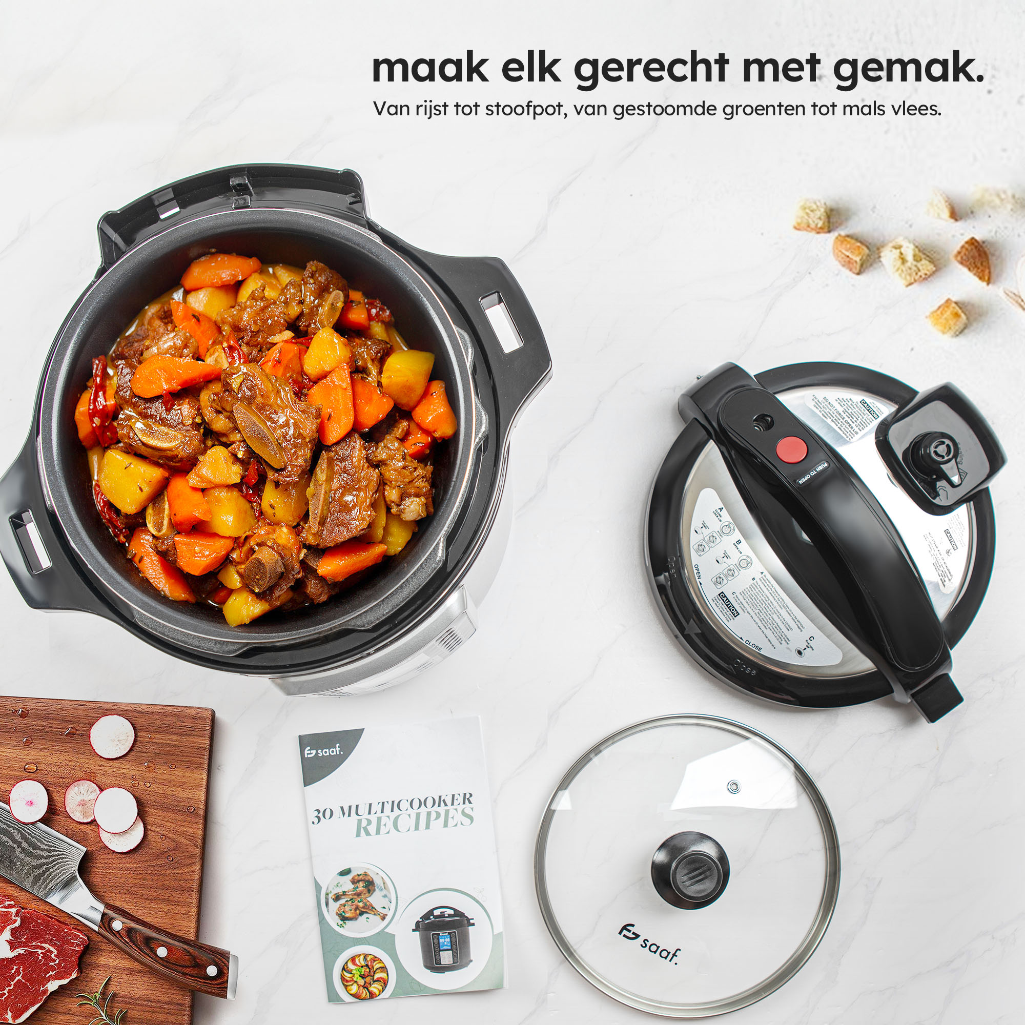 An open multicooker filled with stew, alongside its lid and a recipe book.