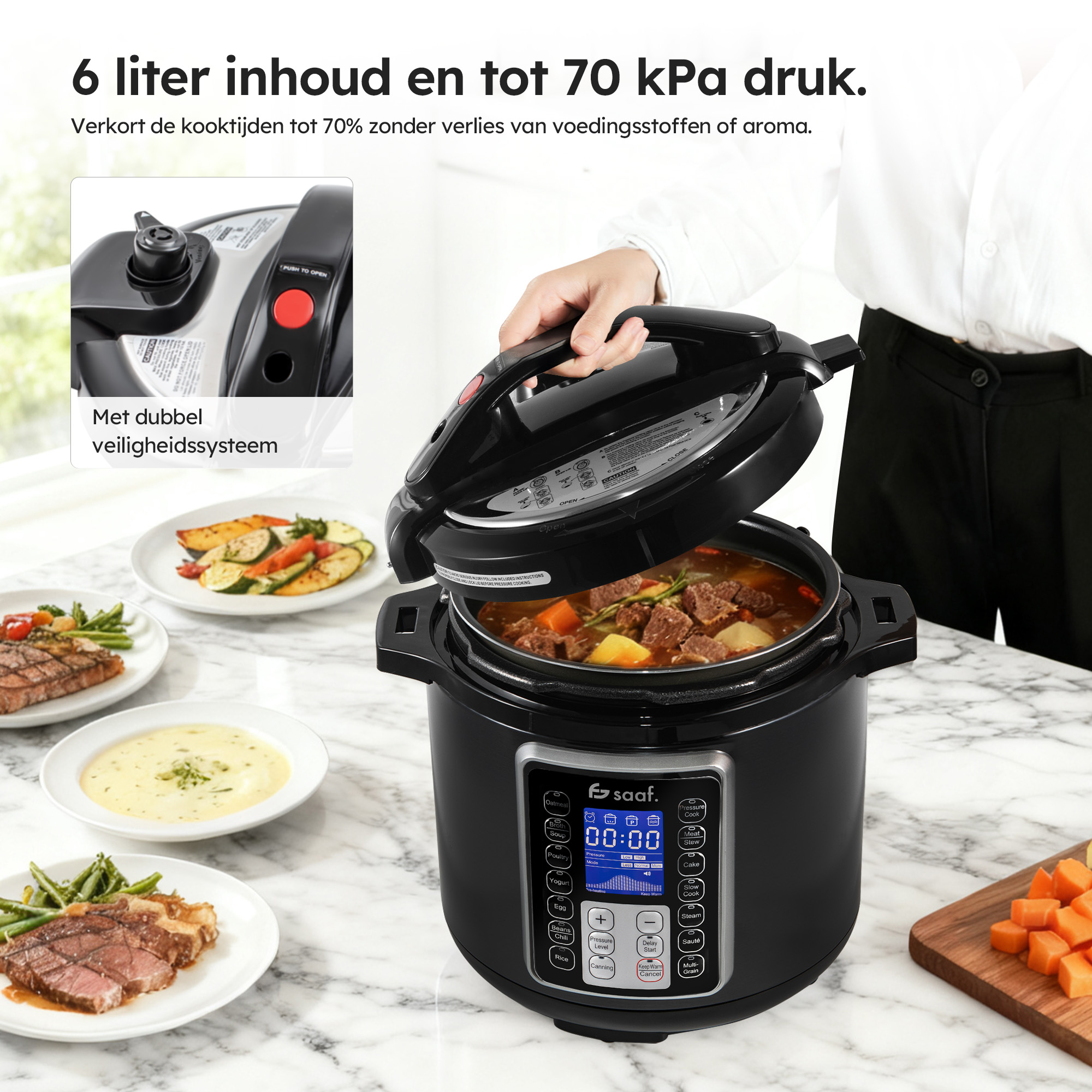 A black pressure cooker with an open lid, beside plated food and chopped vegetables.