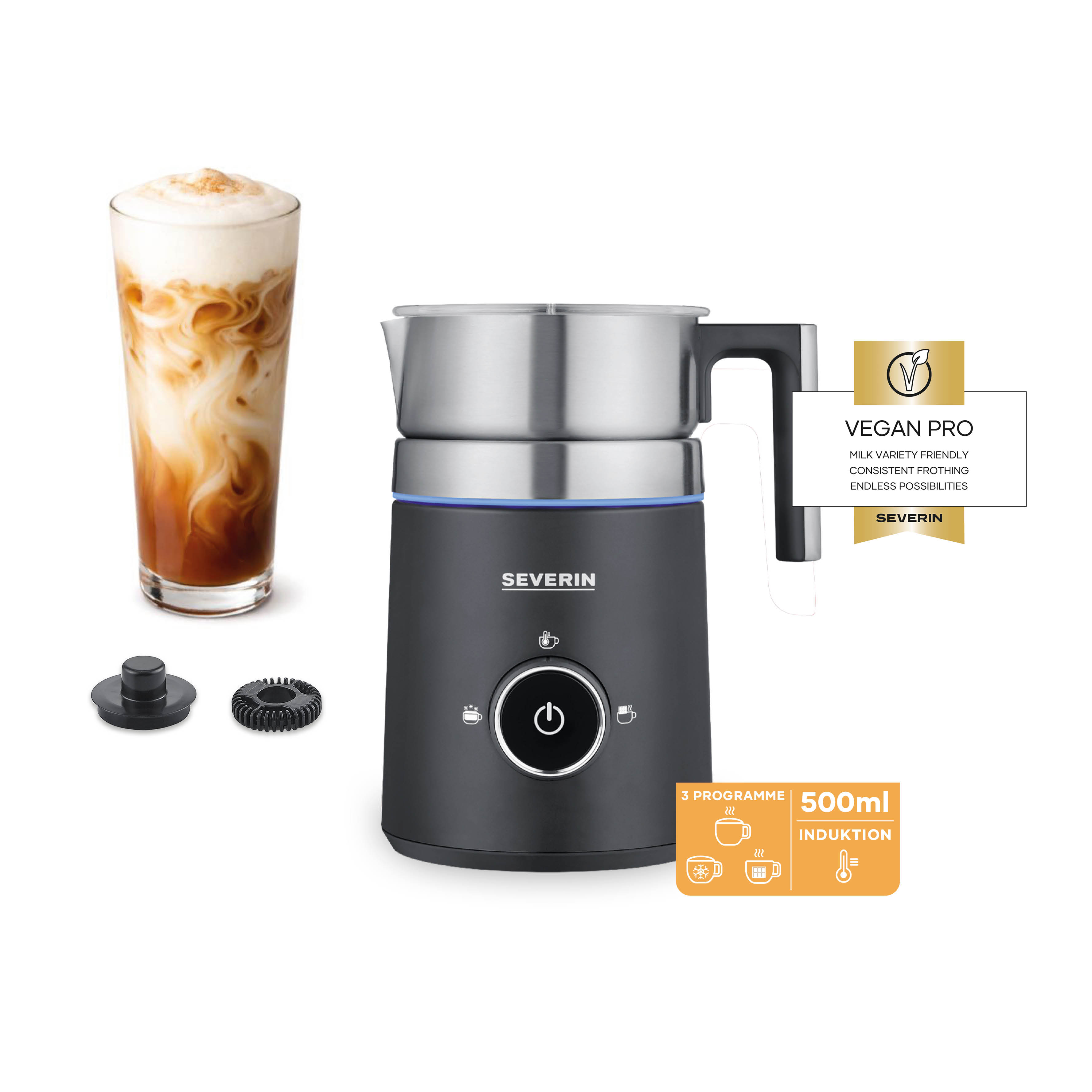 Spieniacz do mleka Severin ze szklanką i akcesoriami, wegański, 500ml.