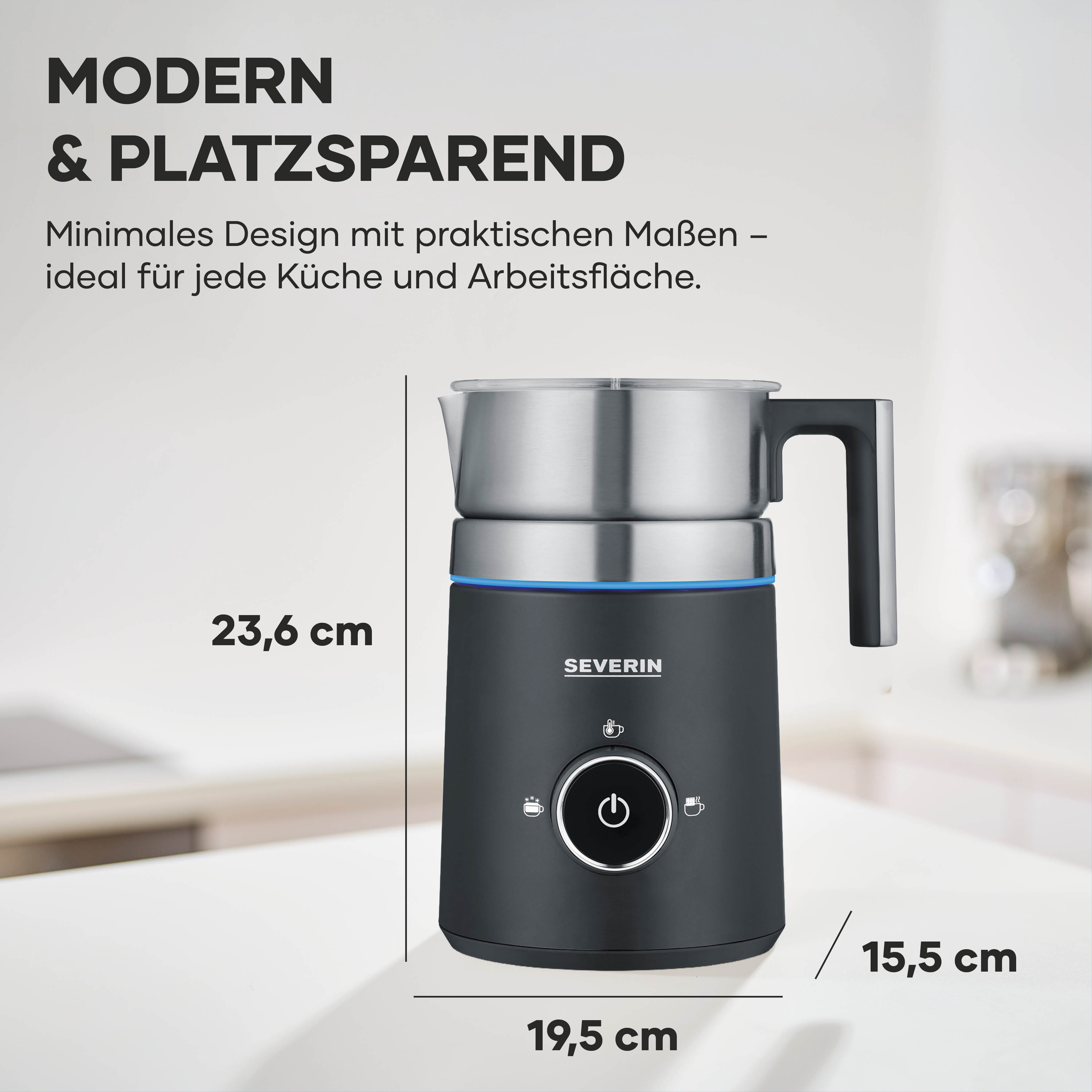 Czarny spieniacz do mleka z wkładką ze stali nierdzewnej, wymiary 23,6x19,5x15,5 cm.