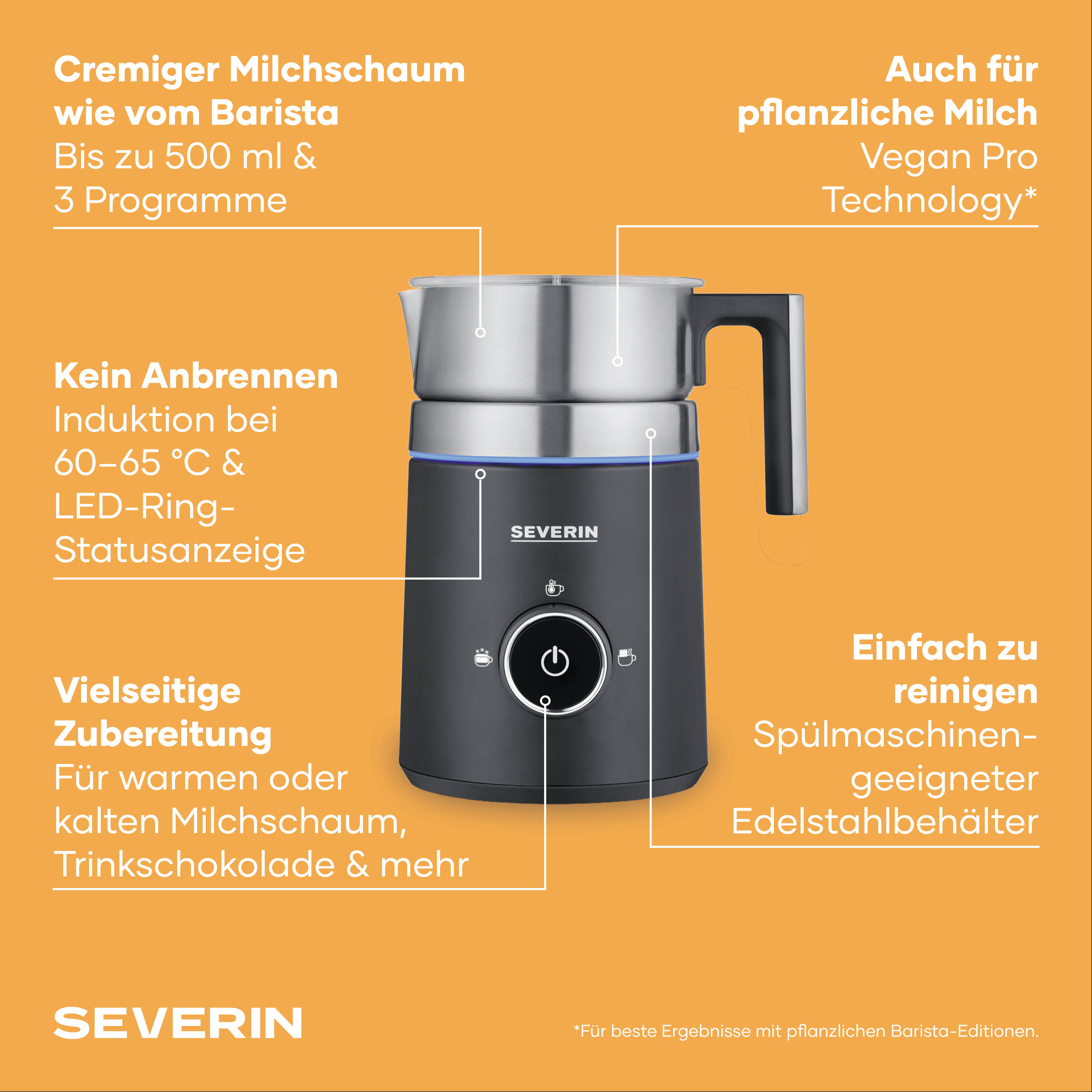 Spieniacz do mleka Severin: 500ml, 3 programy, indukcja, pojemnik stalowy.