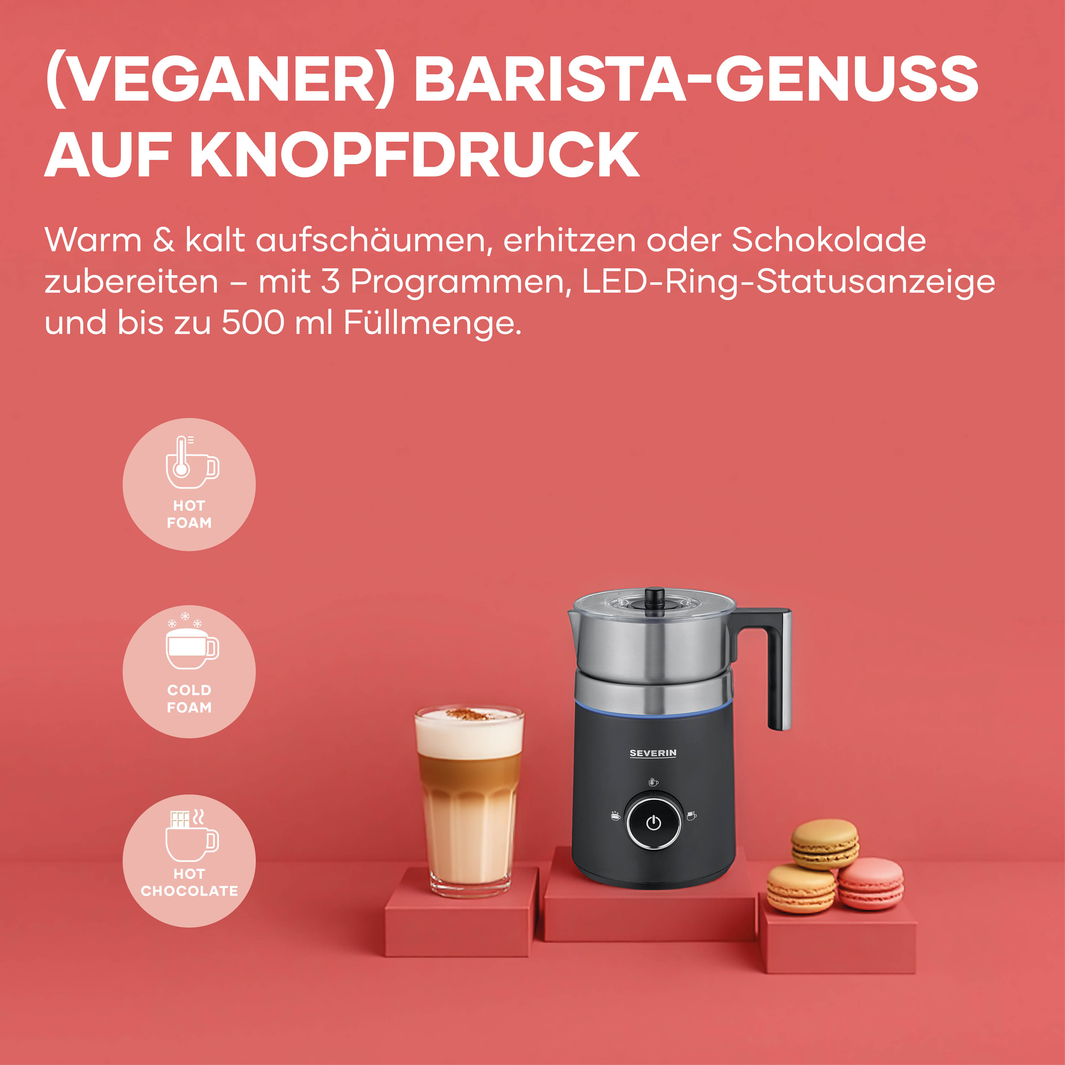 Spieniacz mleka ze szklanką, makaronikami i ikonami pianki na gorąco/zimno i kakao.