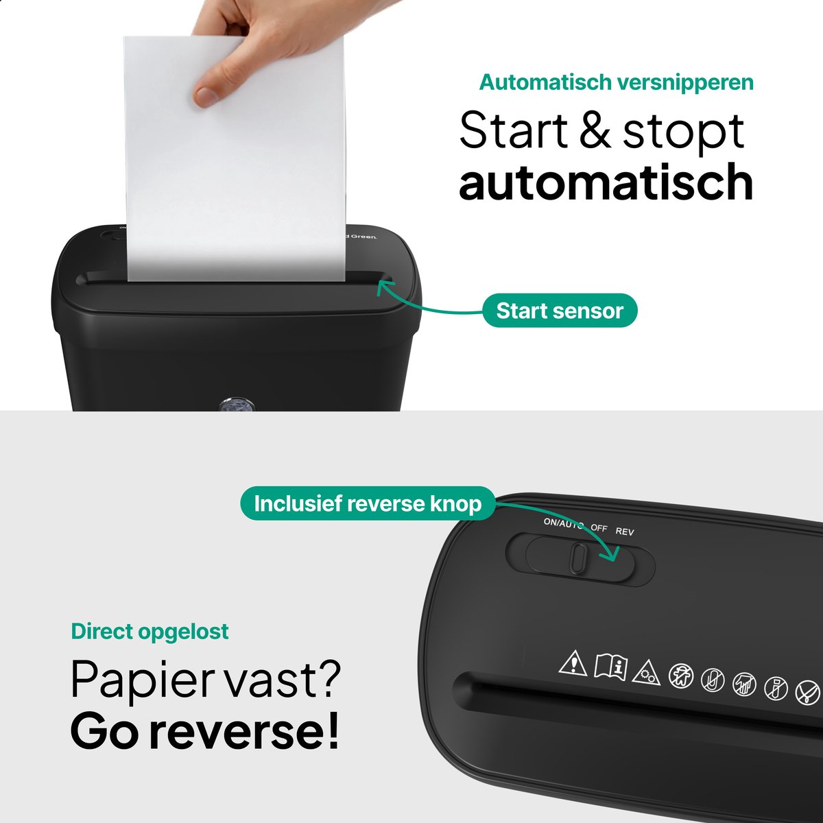 A hand feeds paper into a black shredder. It has auto start/stop and reverse functions.