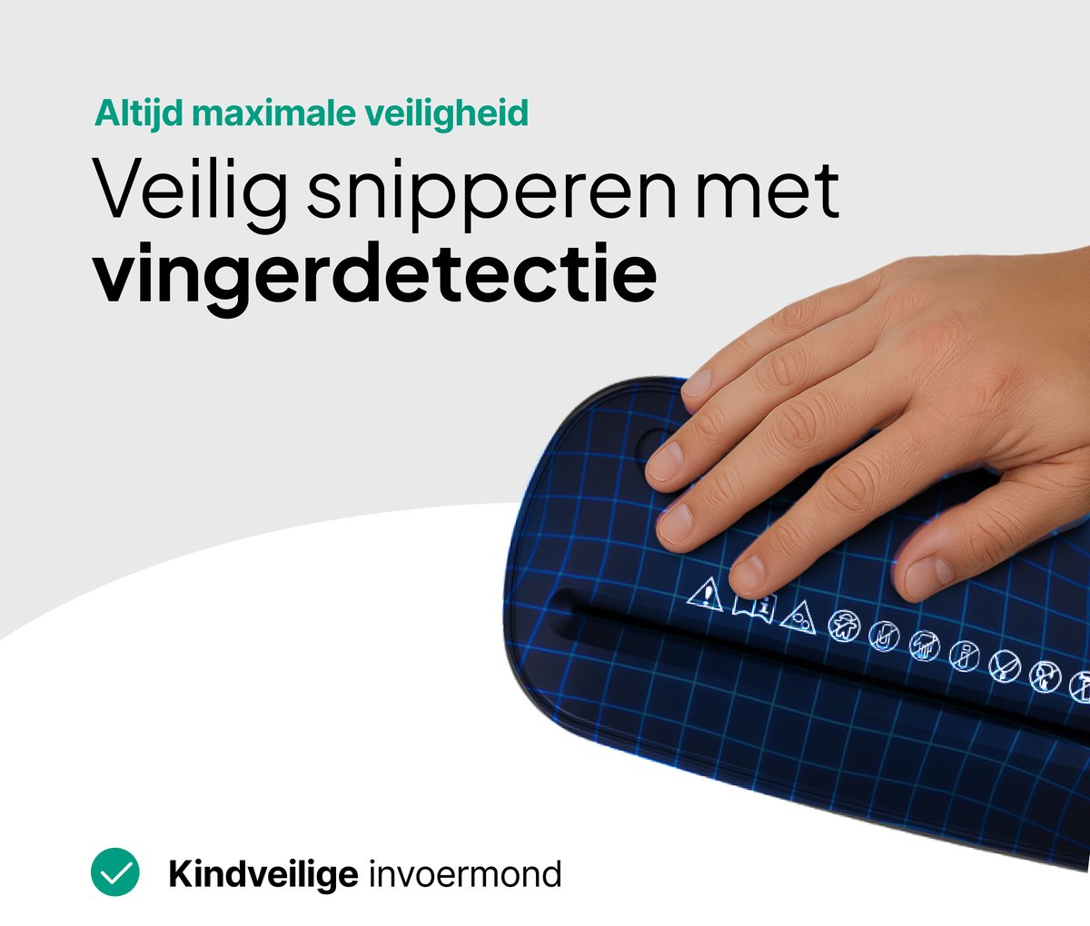 A hand rests on a dark blue paper shredder with a grid pattern.