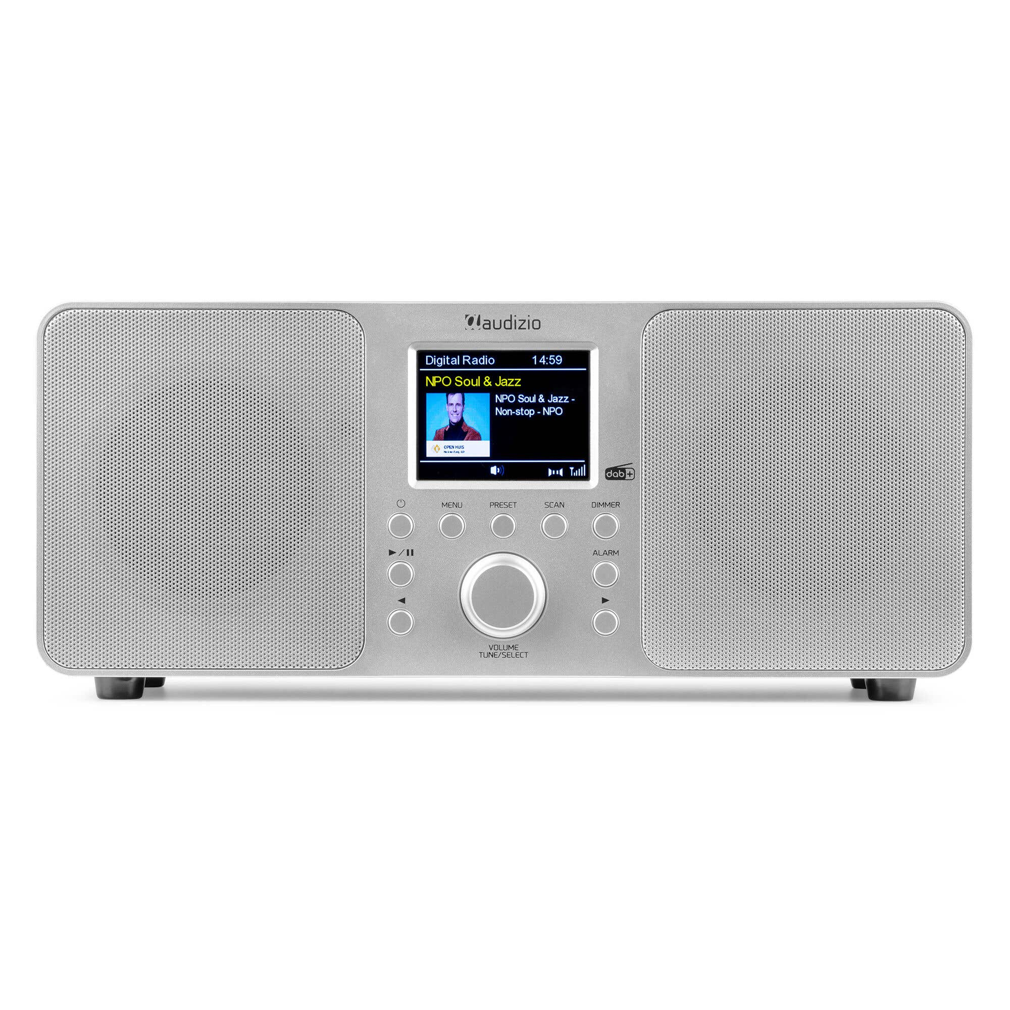 Silbernes Audizio Digitalradio mit Bildschirm, Lautsprechern und Bedienelementen.