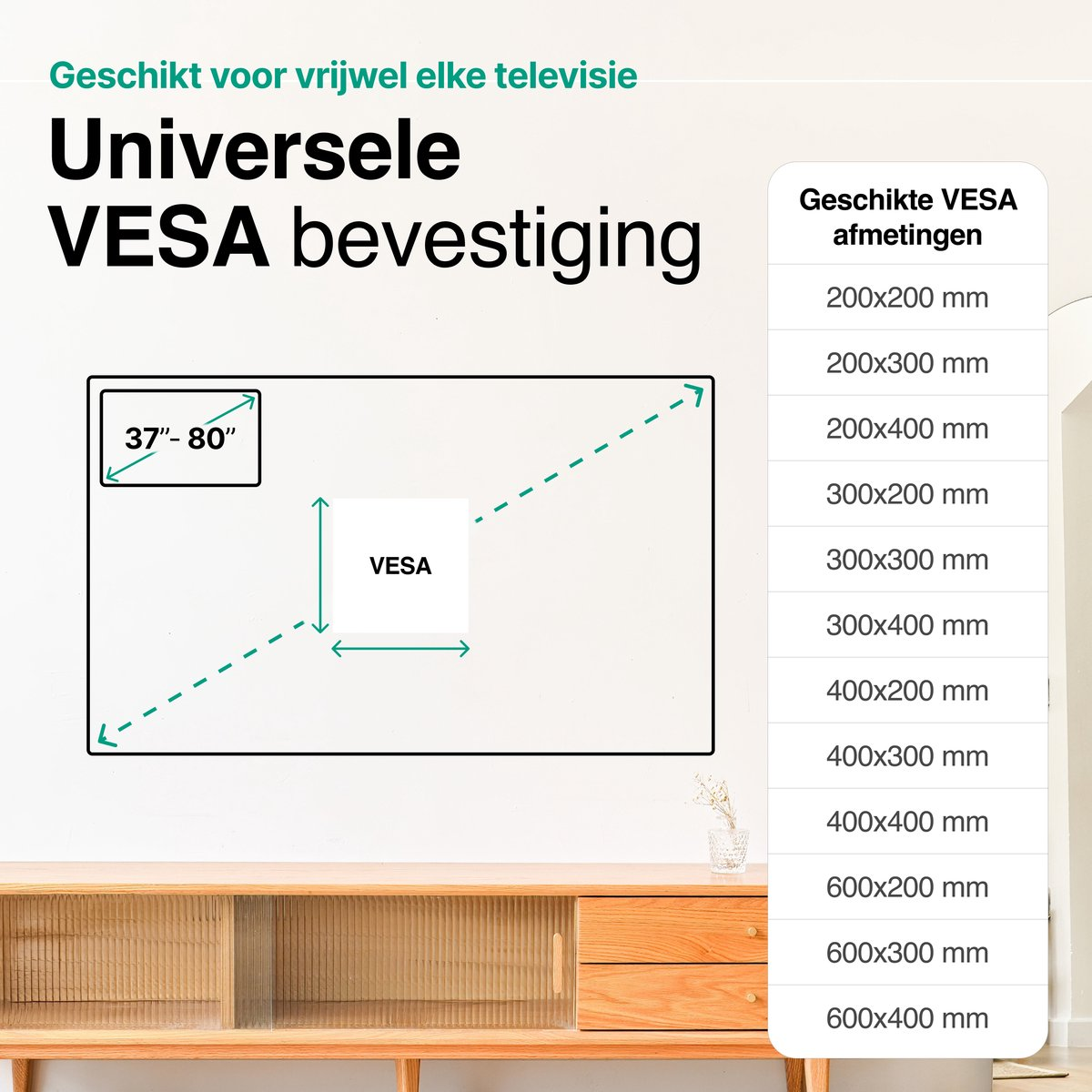 Illustratie van een universele VESA-houder voor tv's van 37-80 inch.