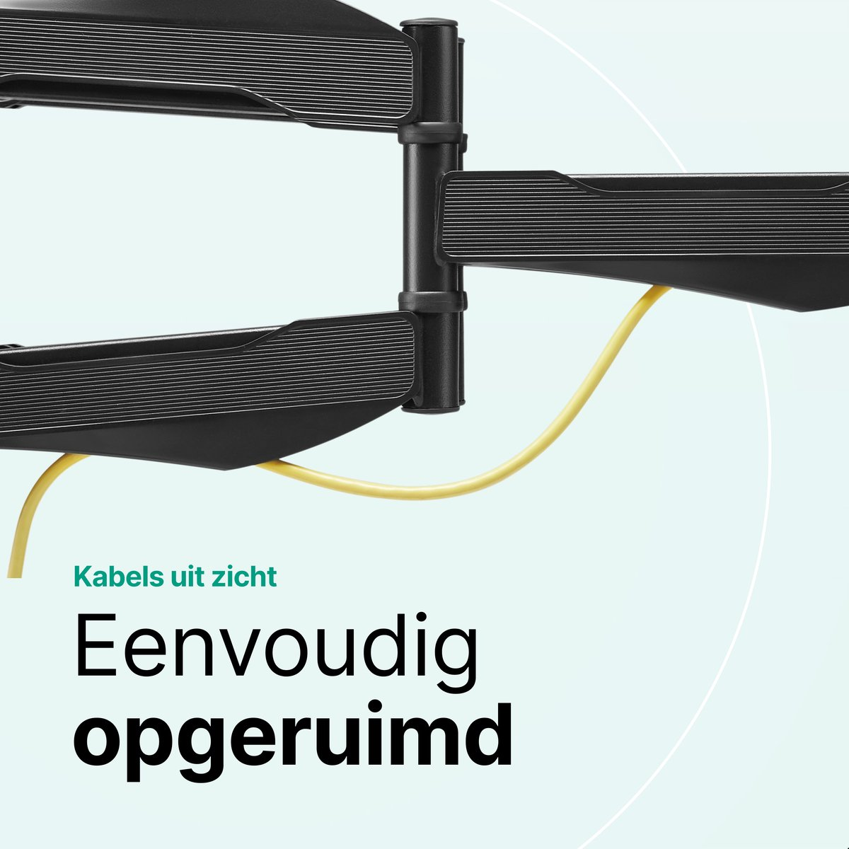 Zwarte monitorarm met geel kabel, tekst: Eenvoudig opgeruimd.