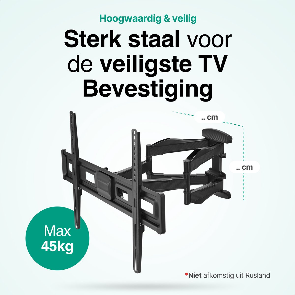 Zwarte stalen tv-muurbeugel, belastbaar tot 45 kg. Afmetingen niet gespecificeerd.