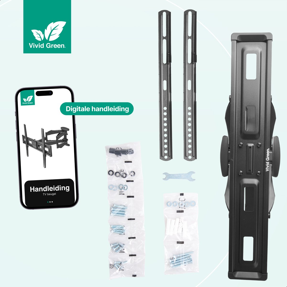 Een tv-muurbeugelkit met instructies op een telefoon, schroeven en gereedschap.