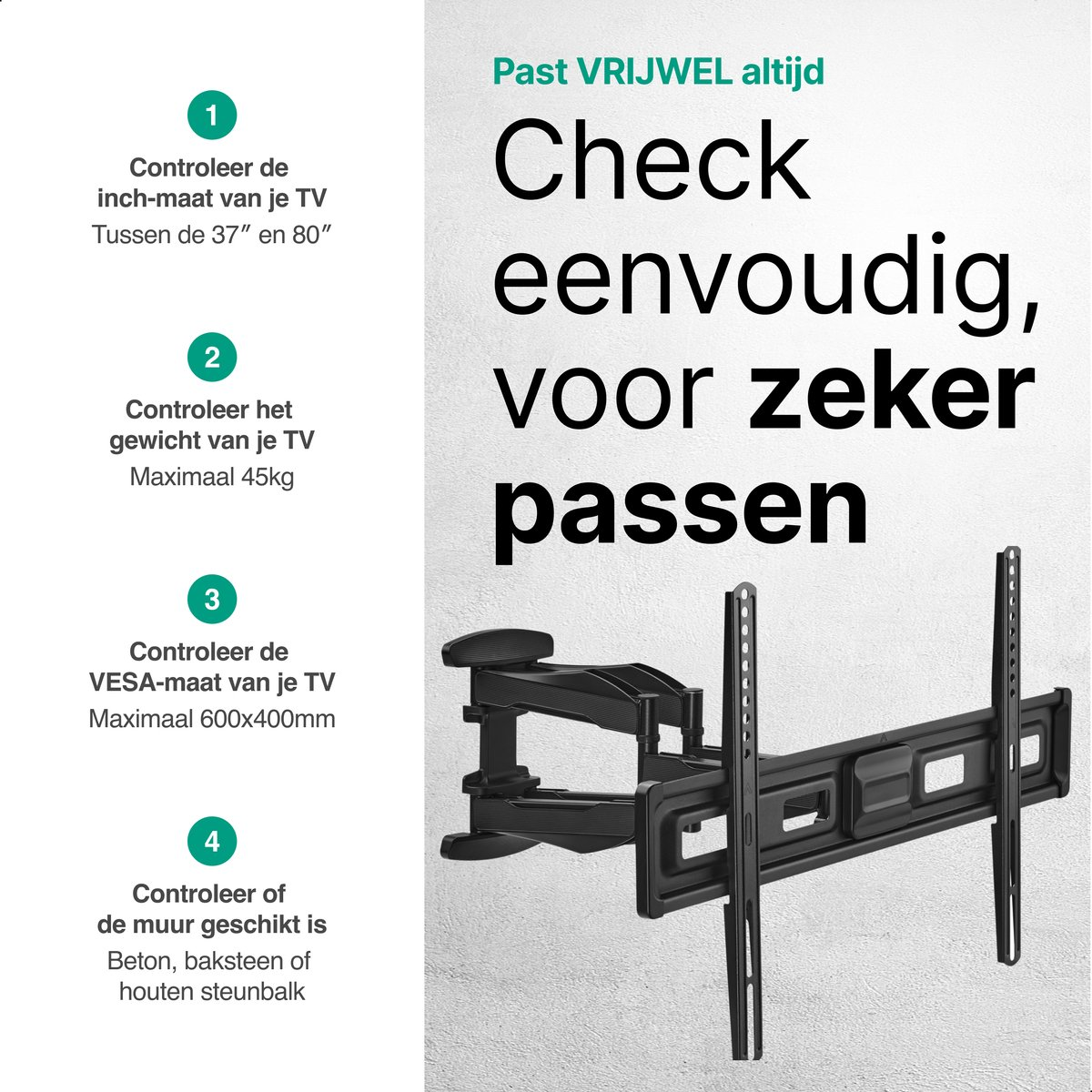 Zwarte TV muurbeugel met gidsen voor maat- en gewichtcompatibiliteit.