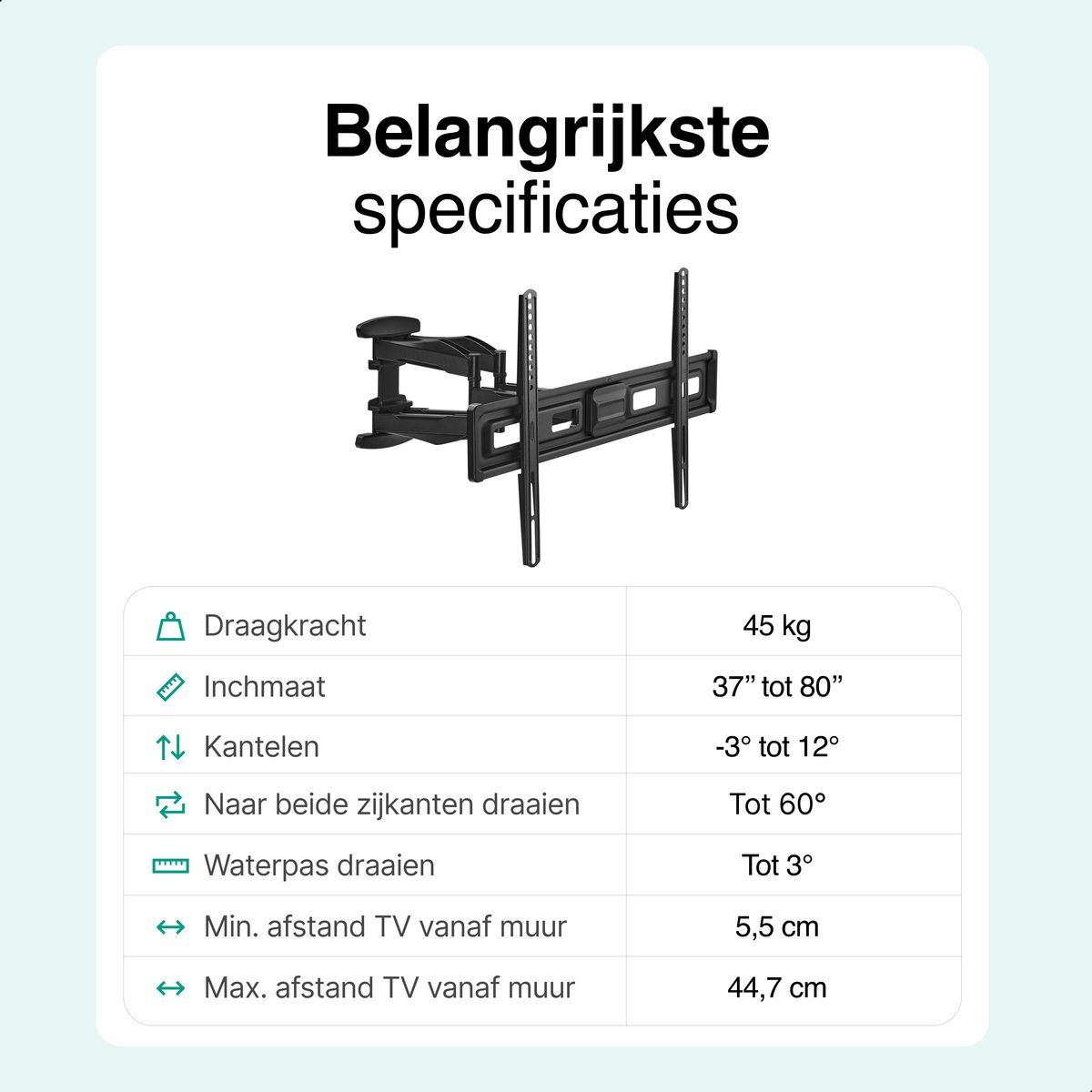 Zwarte TV-muurbeugel met specificaties: 45kg draagkracht, 37-80 inch.