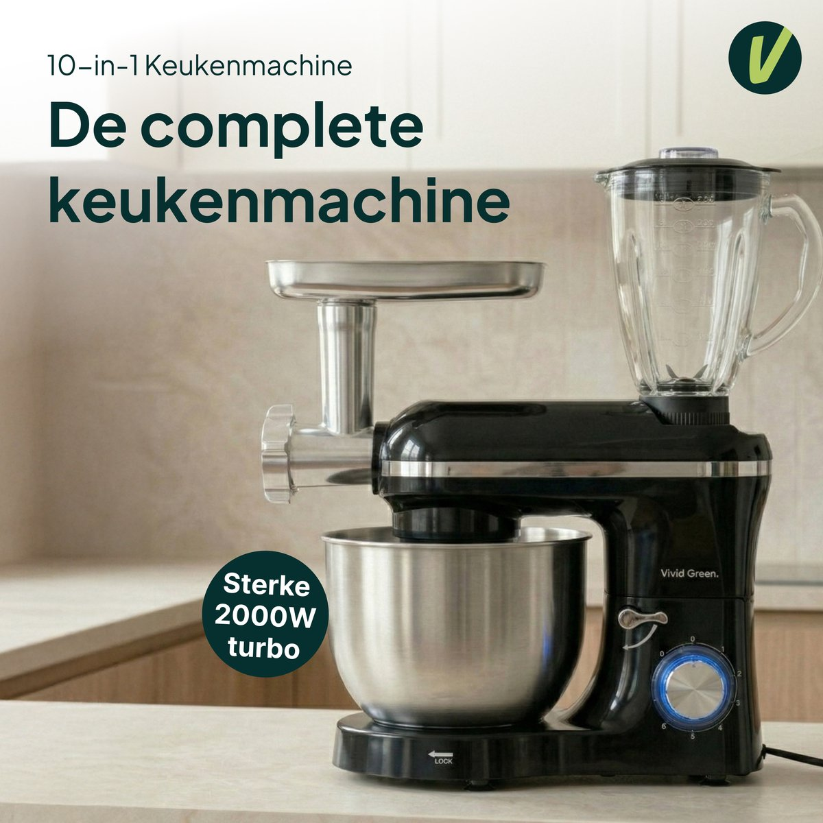 Black stand mixer with metal bowl, meat grinder, and blender attachment.