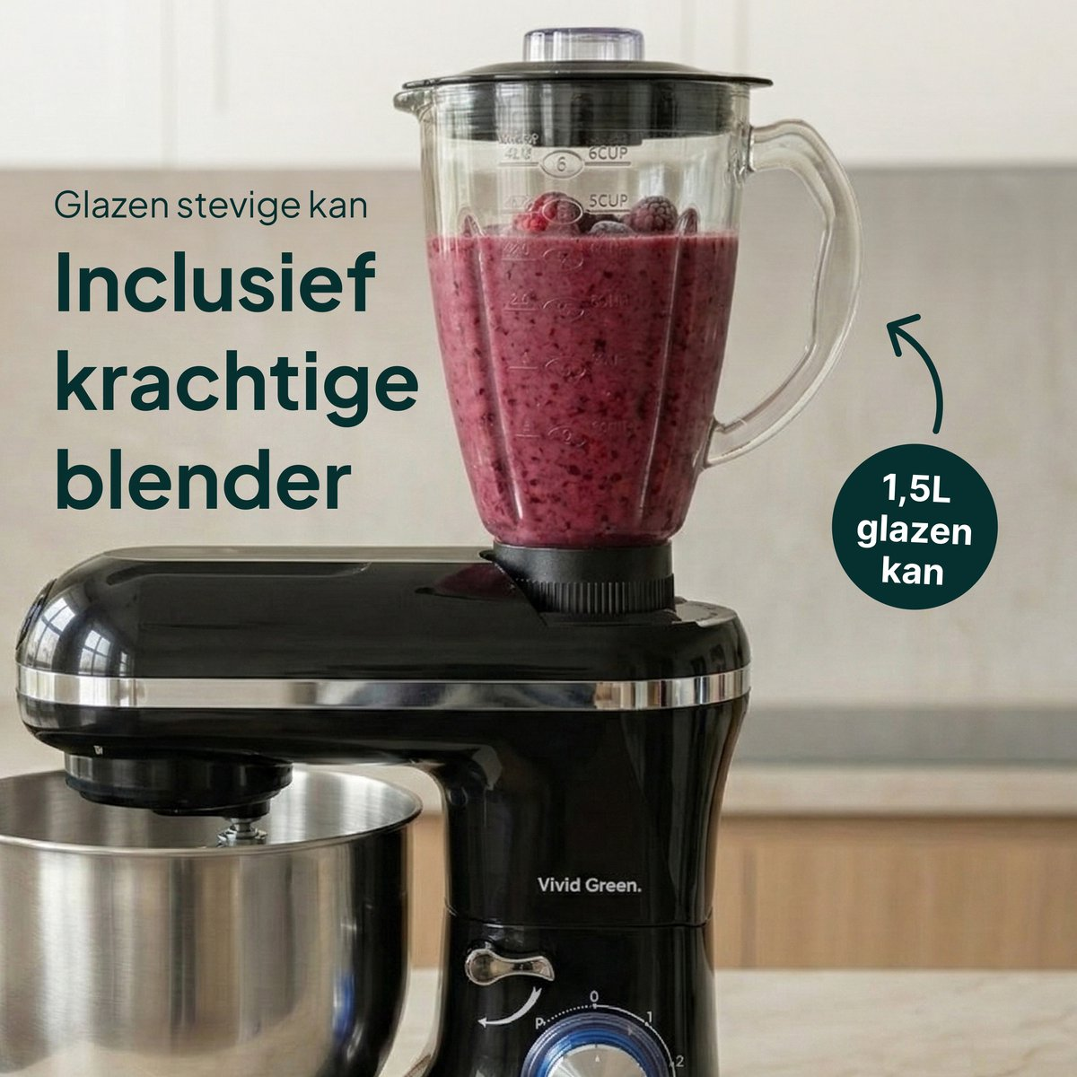 Black kitchen mixer with glass blender jug filled with berry smoothie.