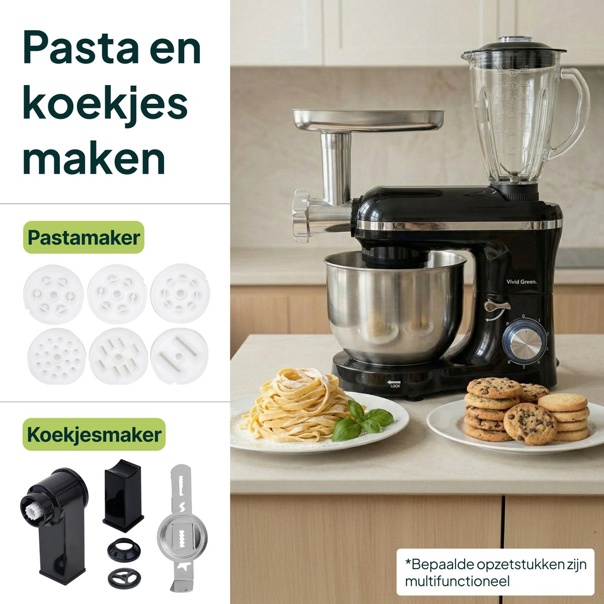 Kitchen machine with pasta maker, meat grinder, blender, pasta and cookies.