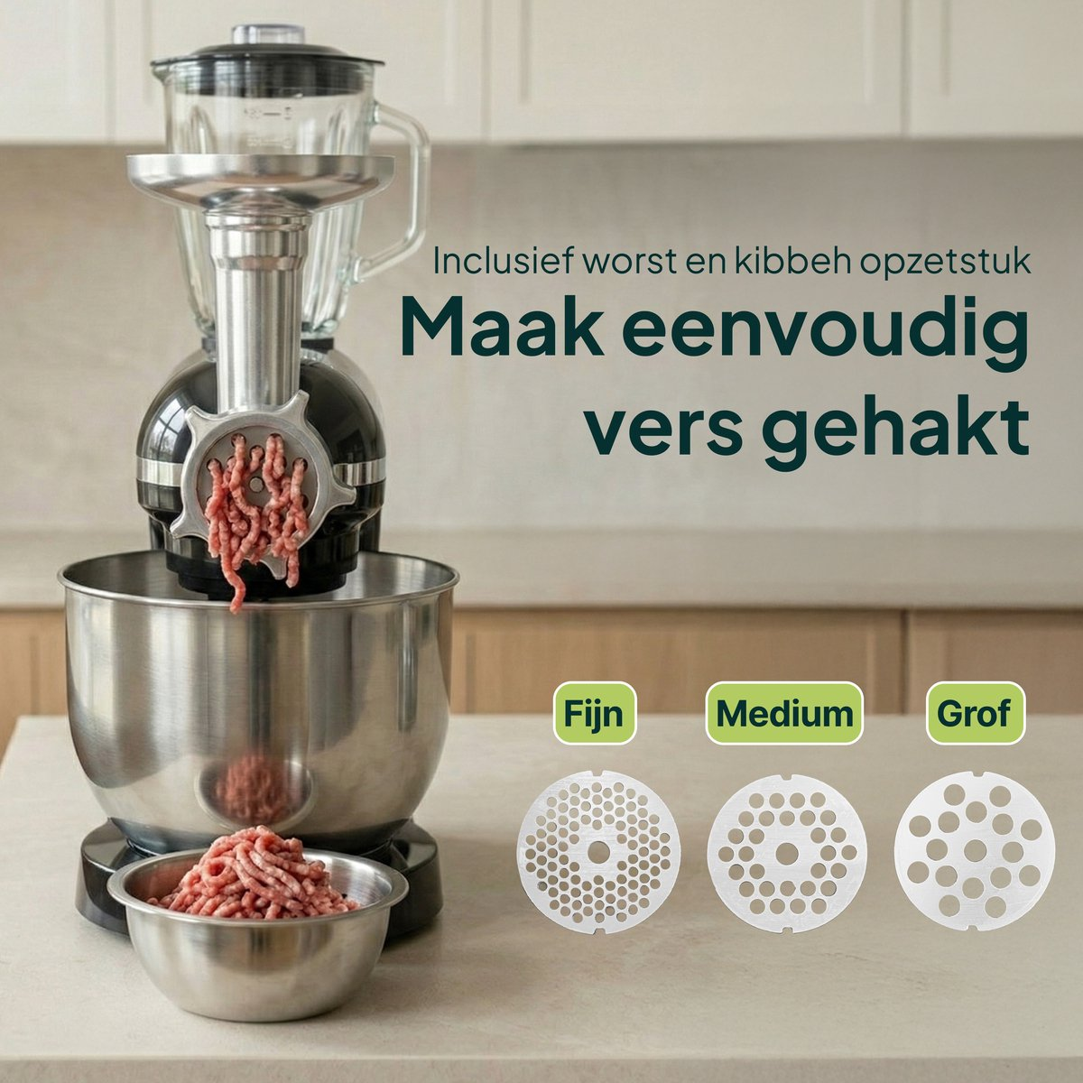 Kitchen mixer with meat grinder attachment producing ground meat. Three cutting discs are beside it.
