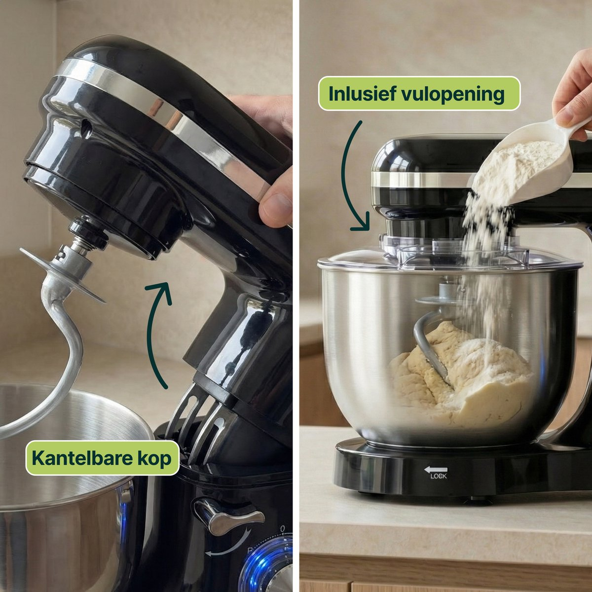 Black kitchen mixer with dough hook in stainless steel bowl. Flour is being added.