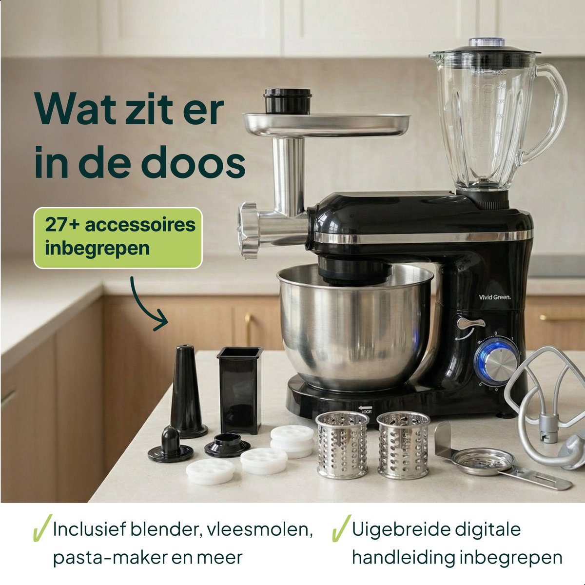 Kitchen mixer with accessories: meat grinder, blender, pasta maker, bowls, and tools.
