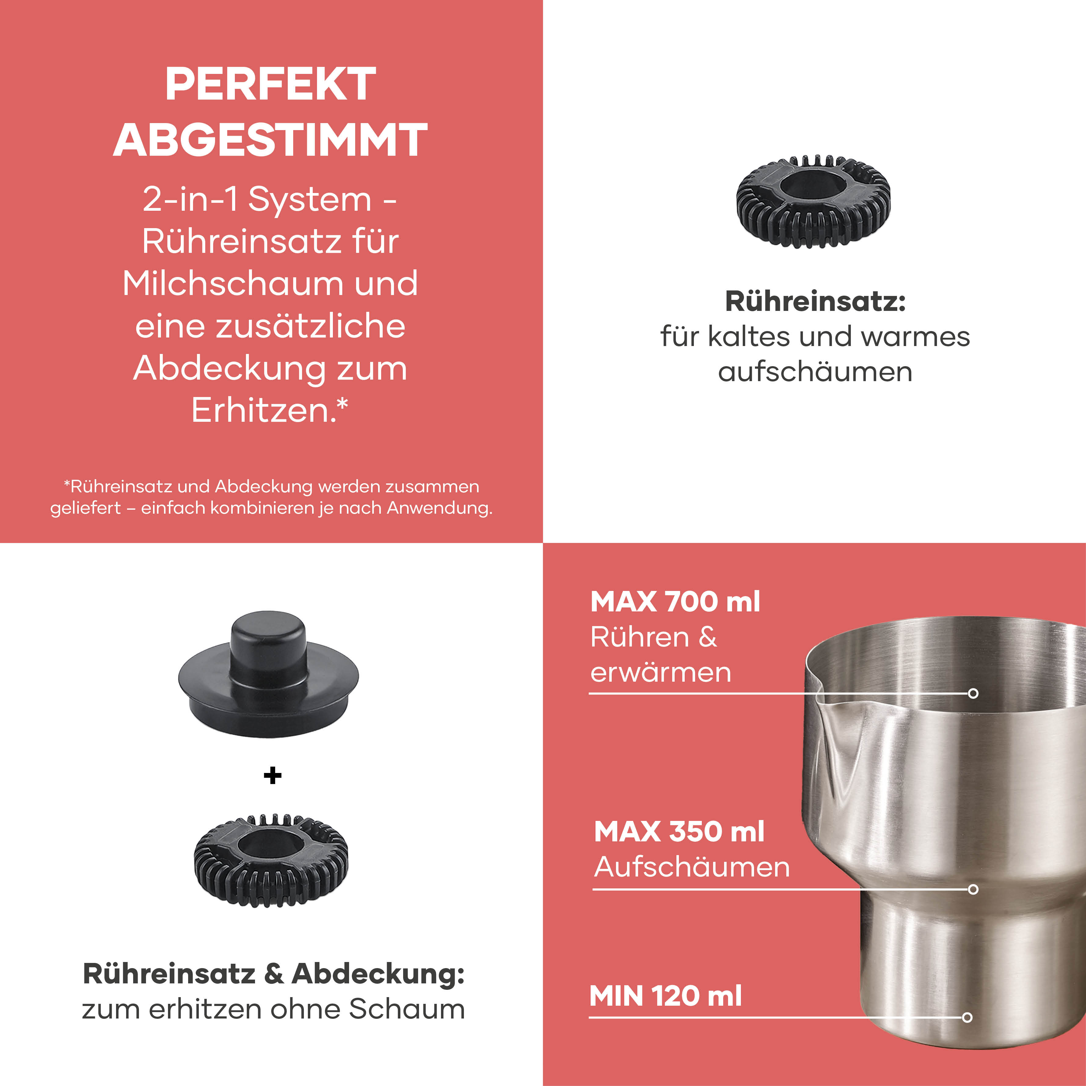 Dwa mieszadła i metalowy dzbanek z oznaczeniami objętości do różnych zastosowań.