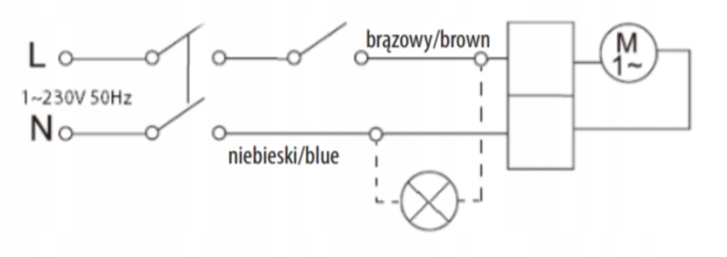 Schemat elektryczny z silnikiem, lampą, przełącznikami i zasilaniem (230V).