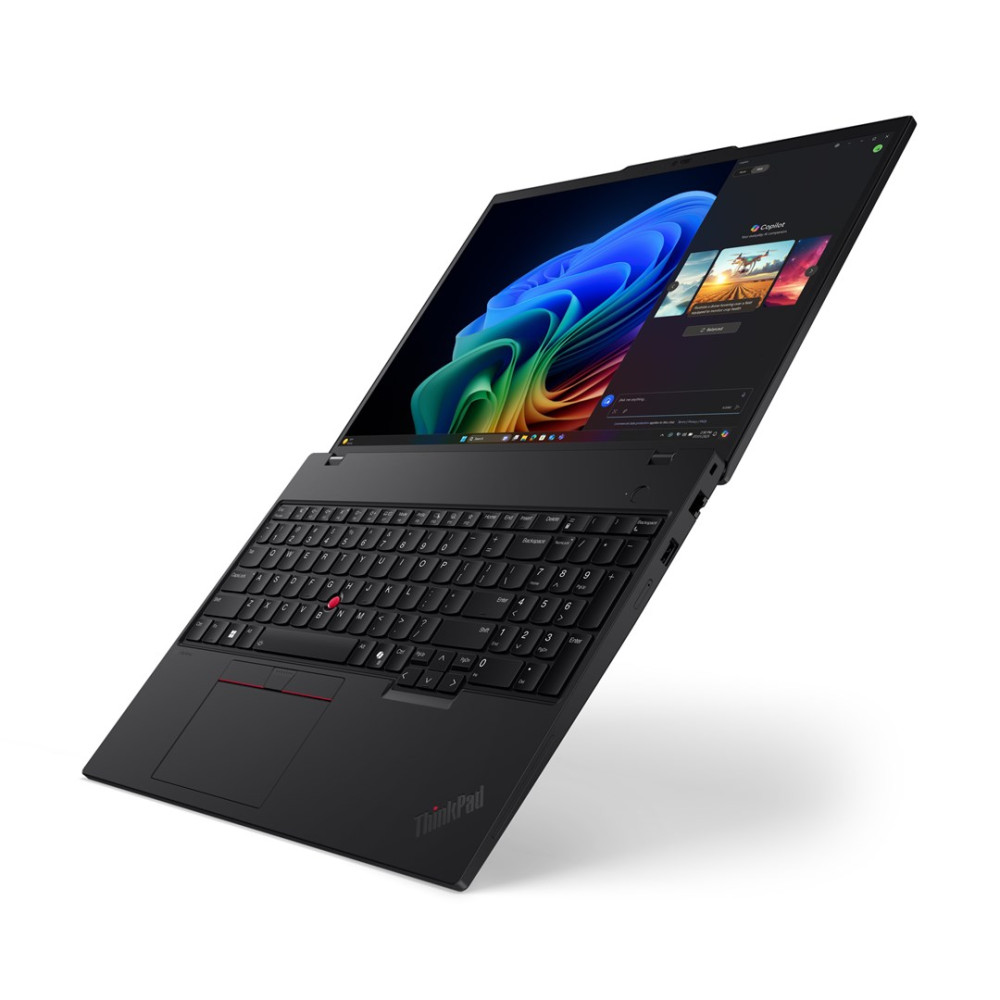 Czarny laptop Lenovo ThinkPad z podświetlaną klawiaturą i kolorową tapetą na ekranie.