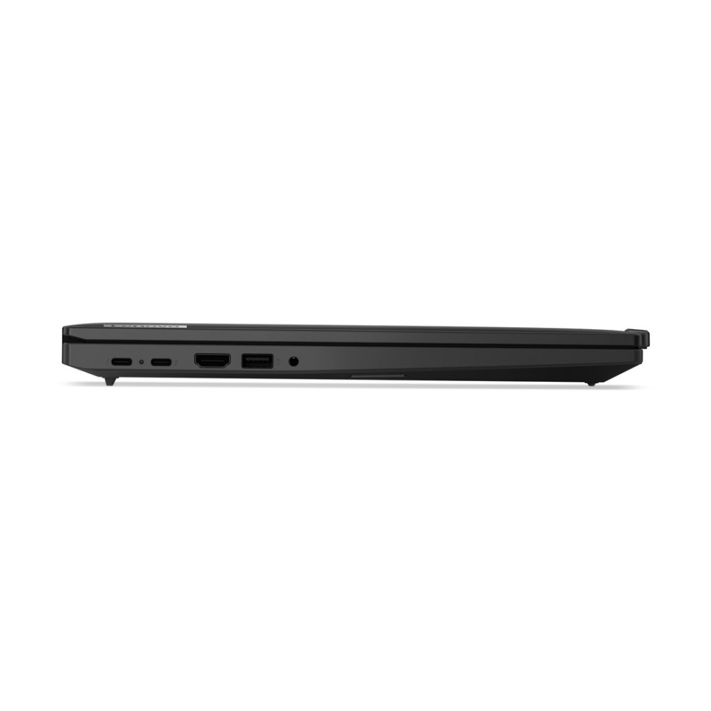 Widok z boku czarnego laptopa pokazujący porty: USB-C, HDMI, USB-A.