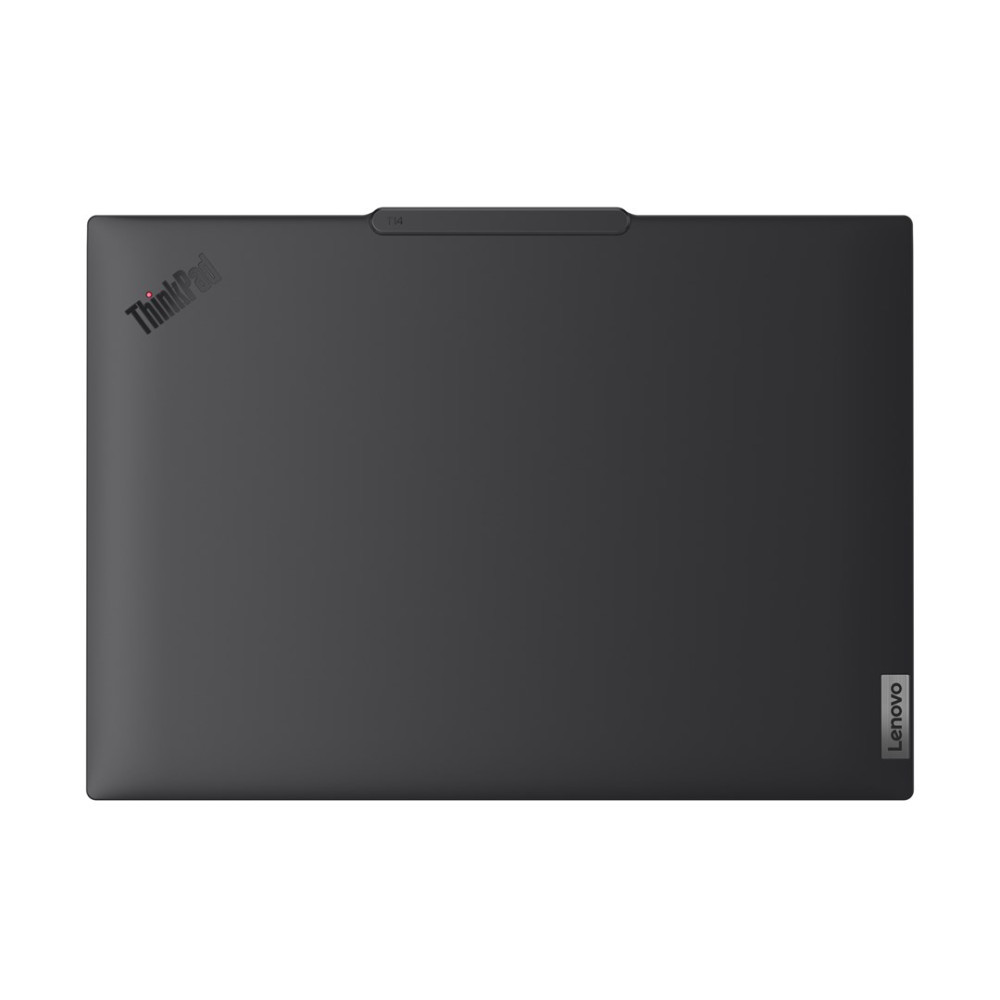 Zamknięty ciemnoszary laptop z logo ThinkPad i Lenovo.
