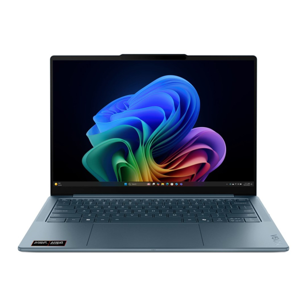 Niebieski laptop z kolorową abstrakcyjną tapetą na ekranie.