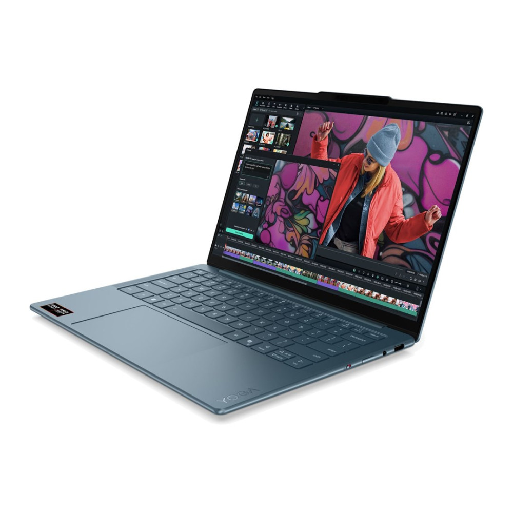 Niebieski laptop Lenovo Yoga wyświetla edytor wideo z tańczącą kobietą na ekranie.
