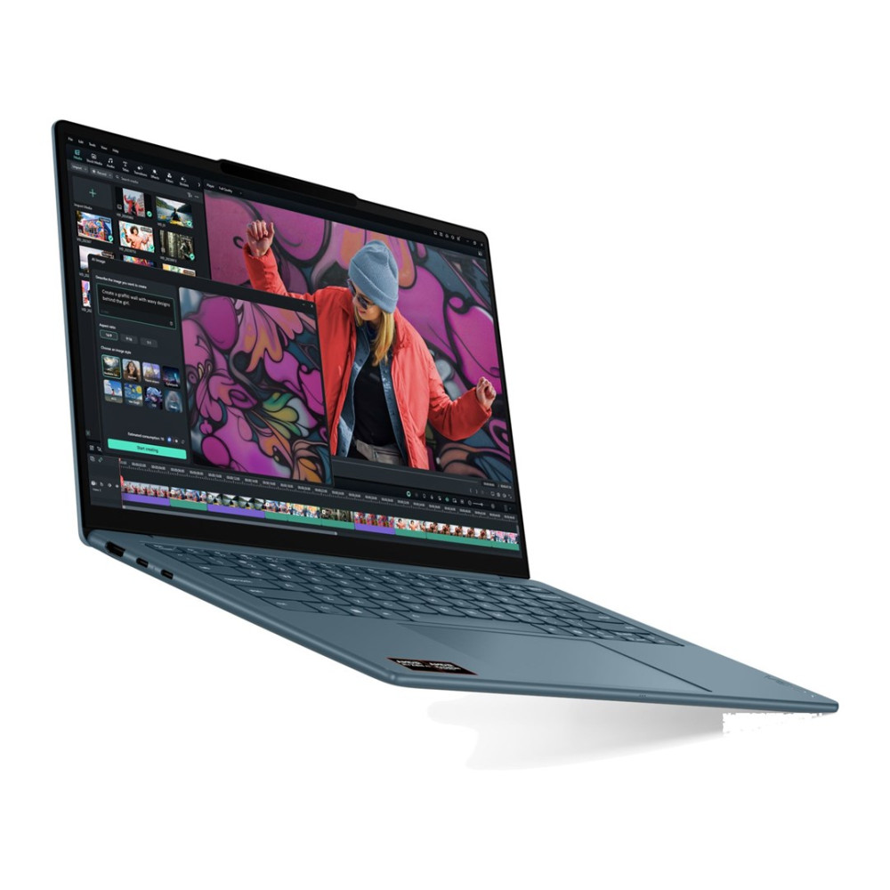 Niebieski laptop wyświetla ekran edytora wideo z kobietą w czerwonej kurtce.