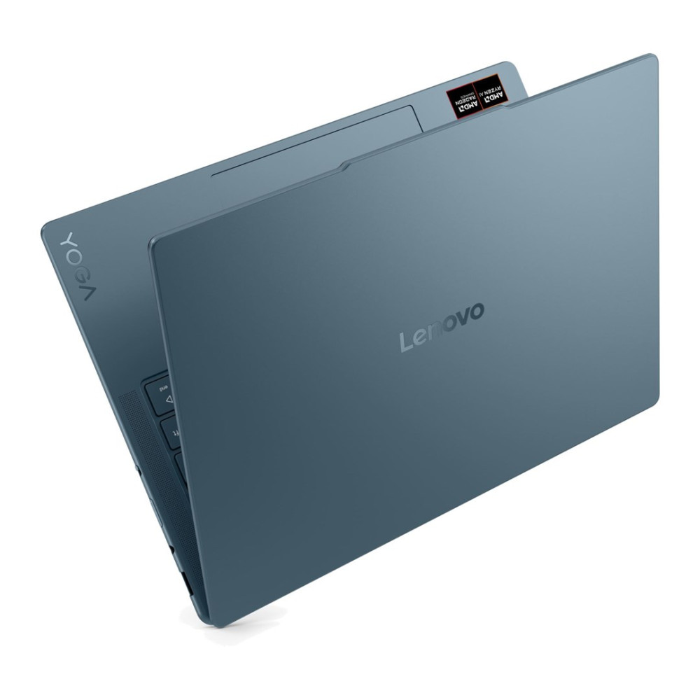 Zamknięty, niebieski laptop Lenovo Yoga z naklejkami AMD Ryzen.