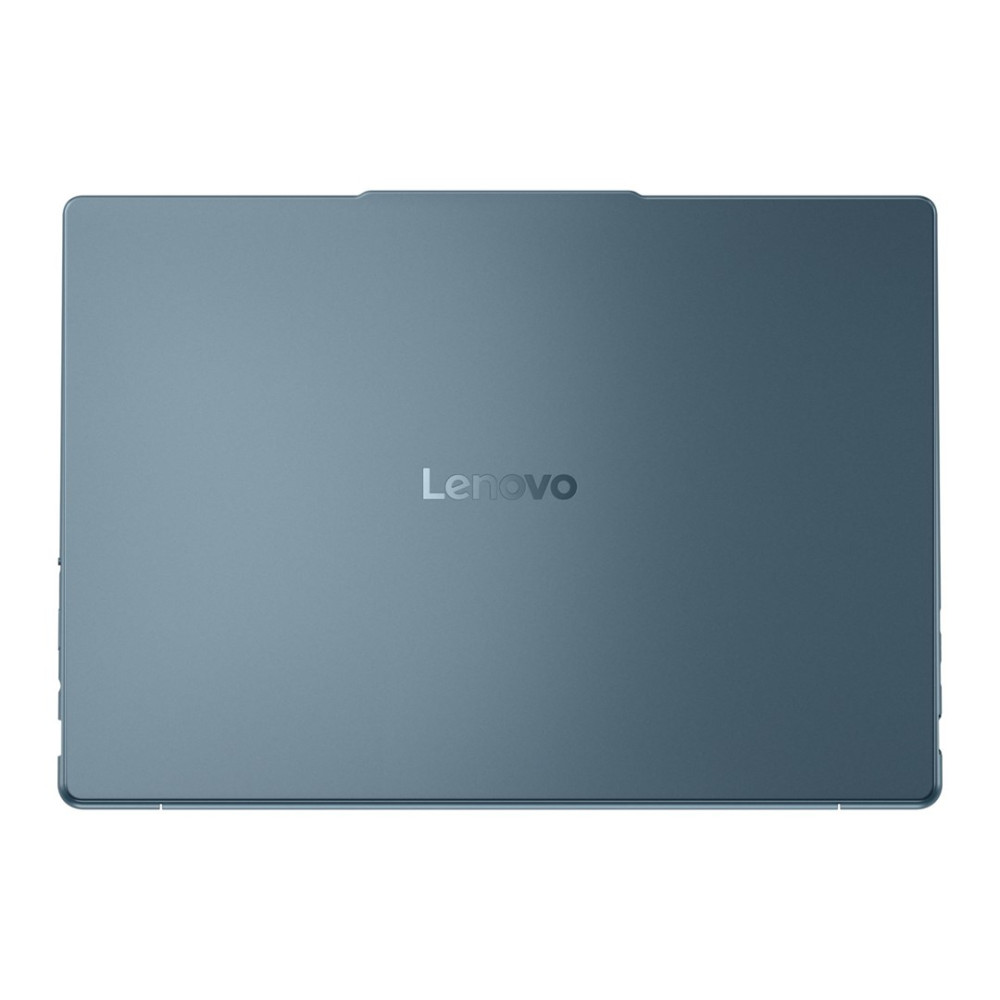 Zamknięty niebieski laptop Lenovo na białym tle.