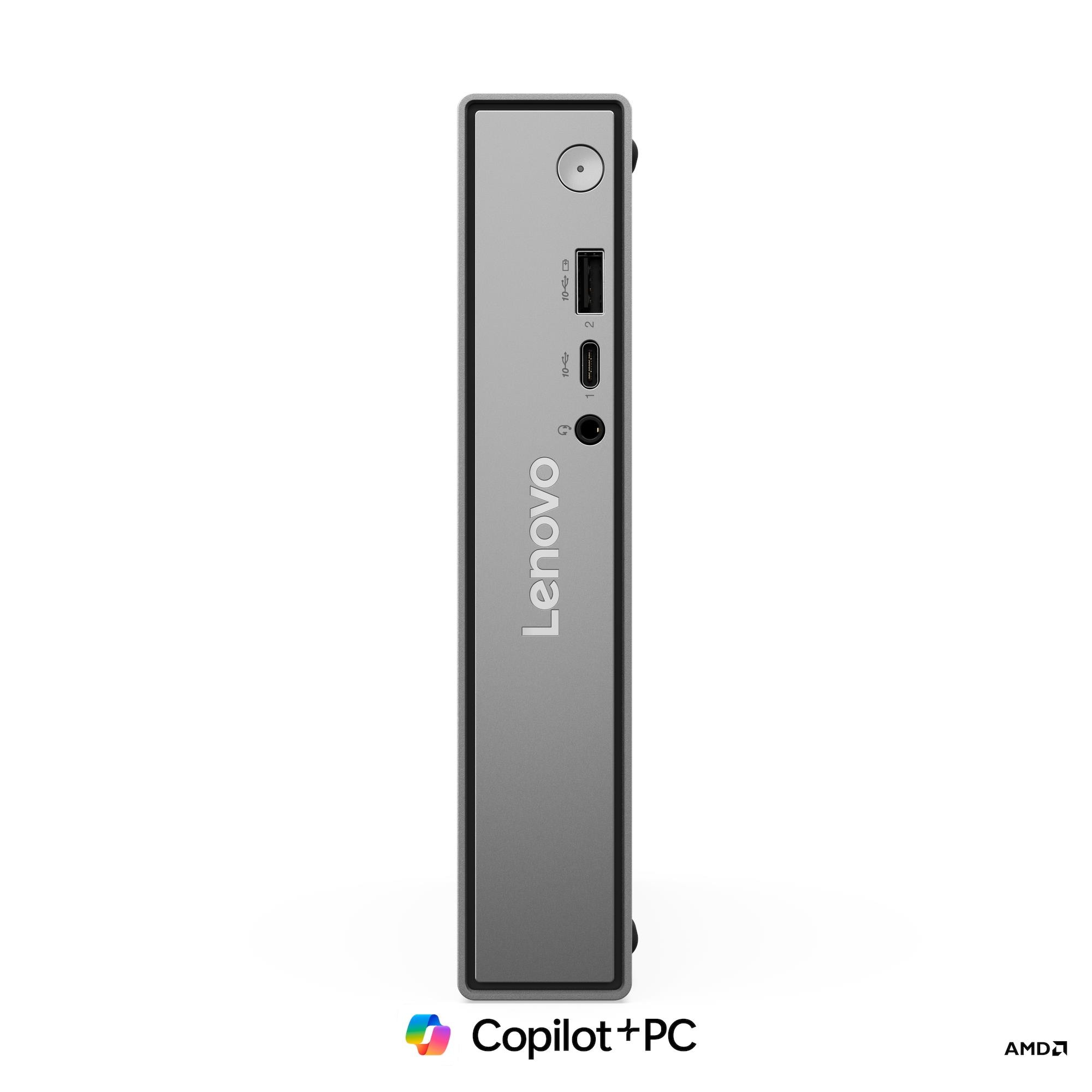 Mini PC Lenovo grigio con porte e logo Copilot+ PC.