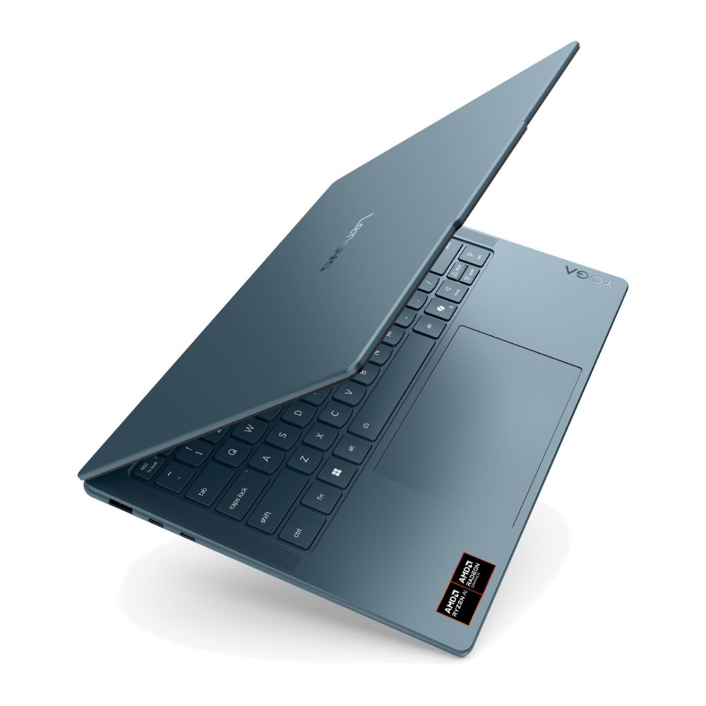 Niebieski laptop Lenovo Yoga z otwartą pokrywą, klawiaturą i touchpadem.