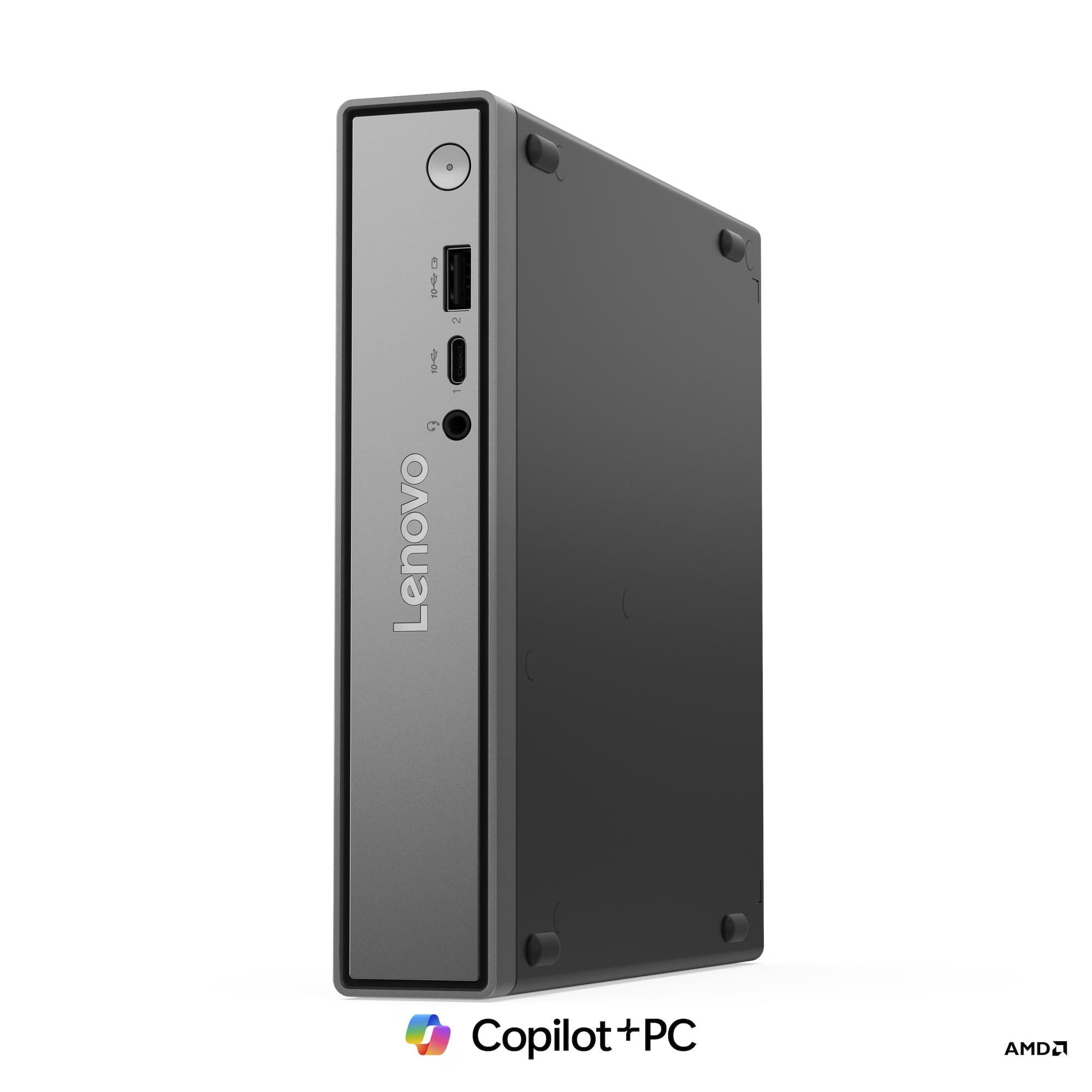 Un PC Lenovo Copilot+ grigio con logo AMD su sfondo bianco.