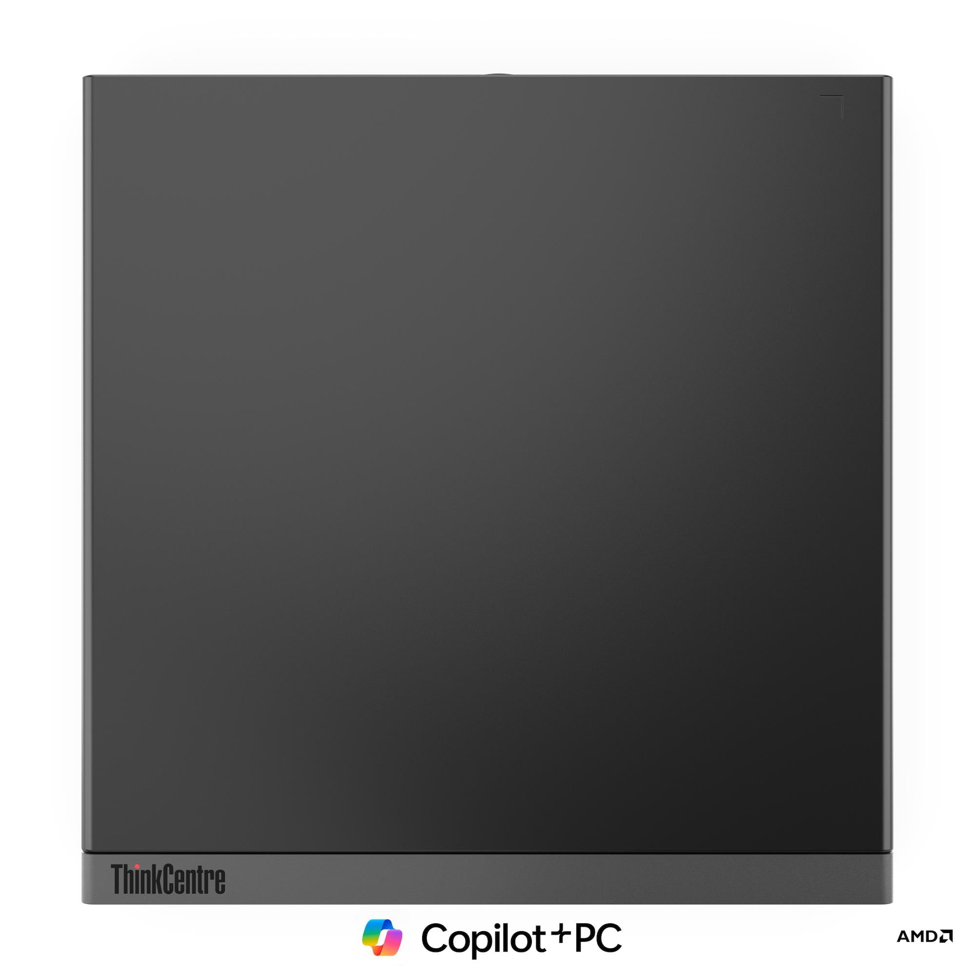 Un PC Lenovo ThinkCentre grigio con Copilot+ PC e logo AMD.