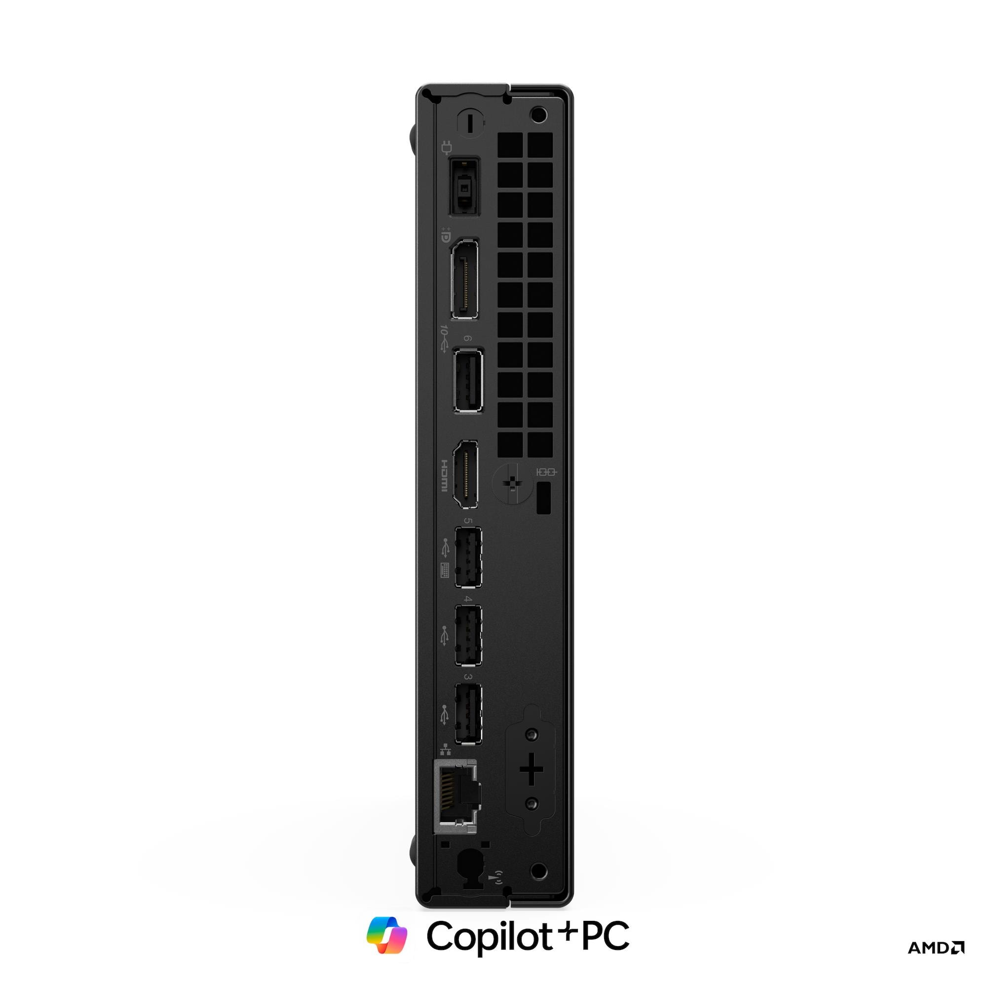 Mini PC nero con porte: USB-C, HDMI, USB-A, Ethernet. Logo Copilot+PC.