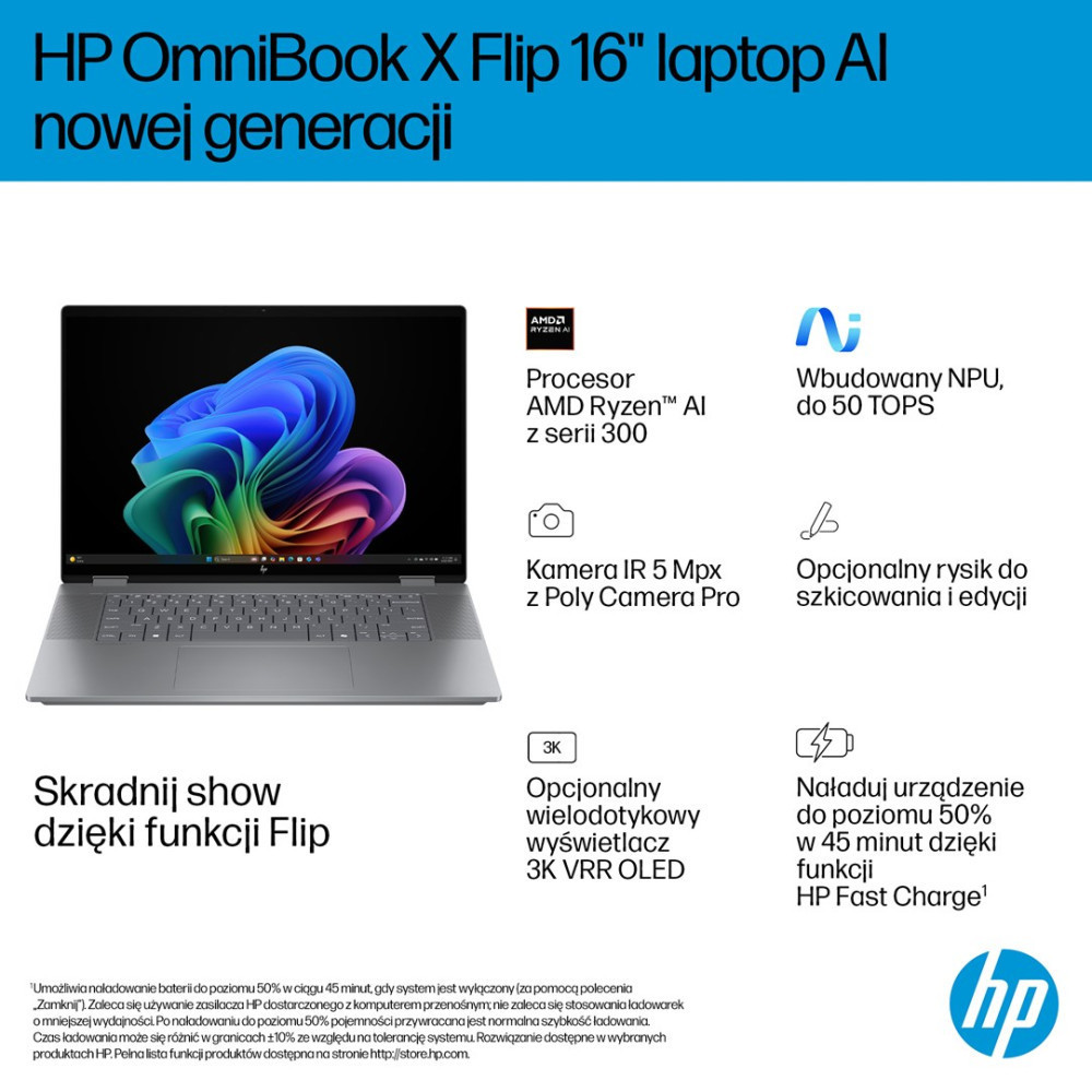 Laptop HP OmniBook X Flip 16 z procesorem AMD Ryzen AI, wyświetlaczem OLED 3K VRR.