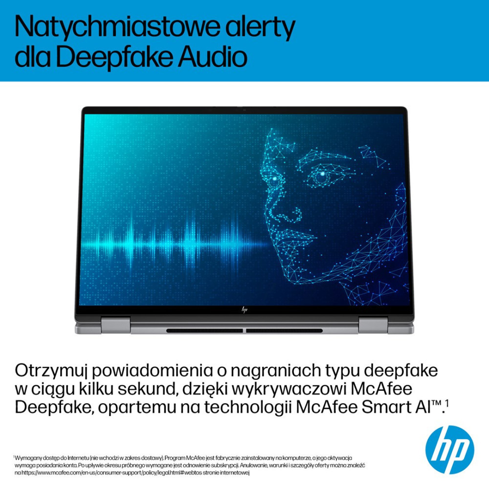 Laptop wyświetla cyfrową twarz SI i falę dźwiękową.