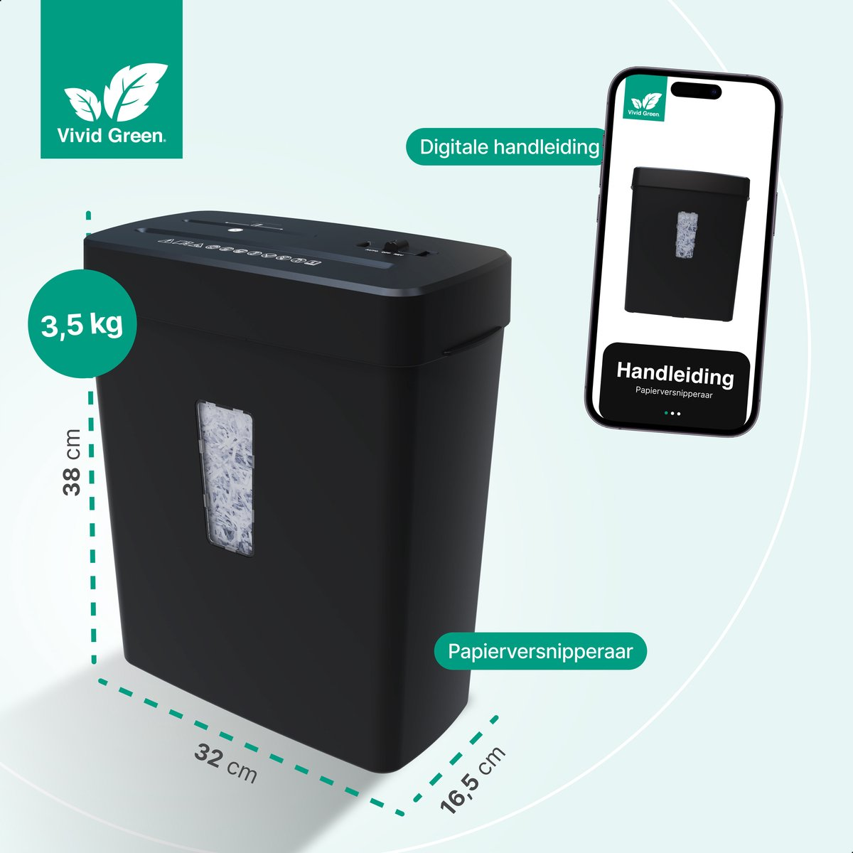 Déchiqueteuse à papier noire avec dimensions, poids et manuel numérique sur téléphone.