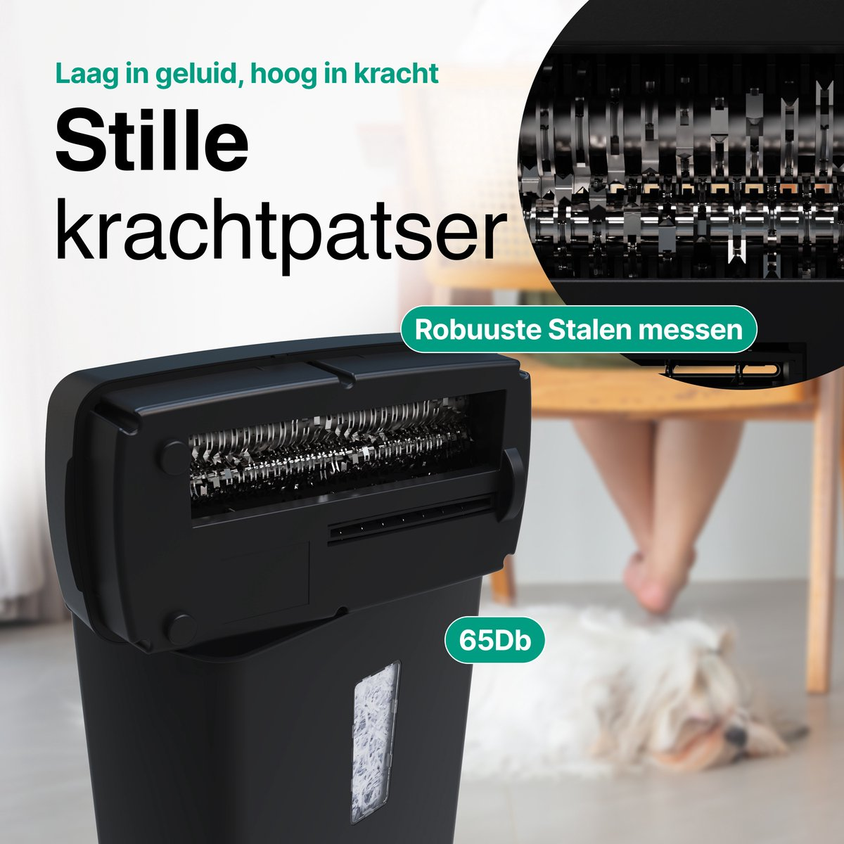 Une déchiqueteuse noire à lames d'acier, 65 dB. Un chien repose à l'arrière-plan.