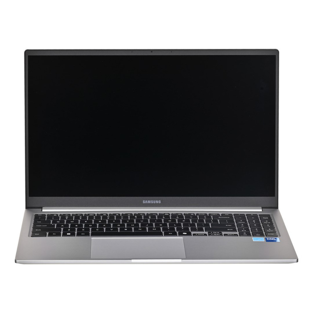 Srebrny laptop Samsung z czarnym ekranem i klawiaturą.